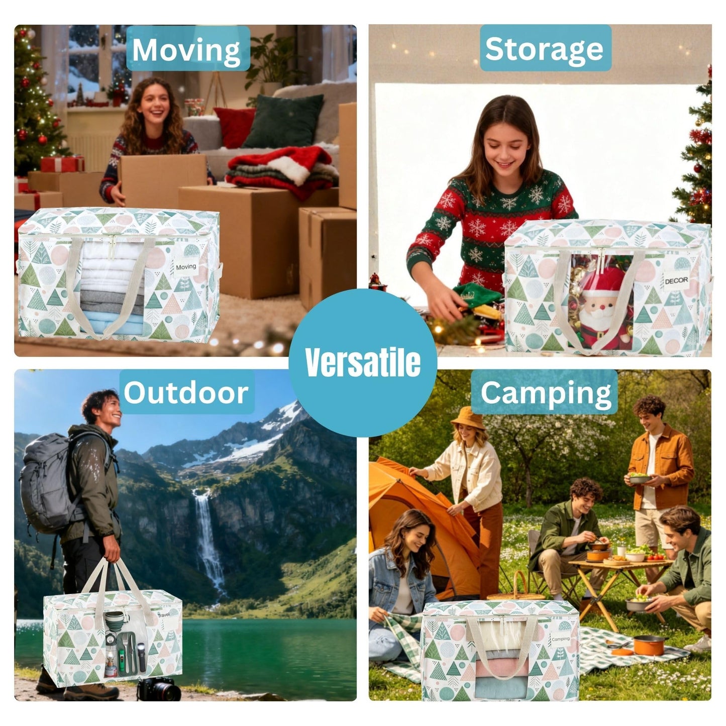 VENO 6 Pack Moving Bags, Large Christmas Storage Bins with lids, Packing Supplies for College, Alternative to Moving Boxes, Foldable, Heavy-Duty Tote, Christmas Pattern (Pastel Forest, 6 Pack)