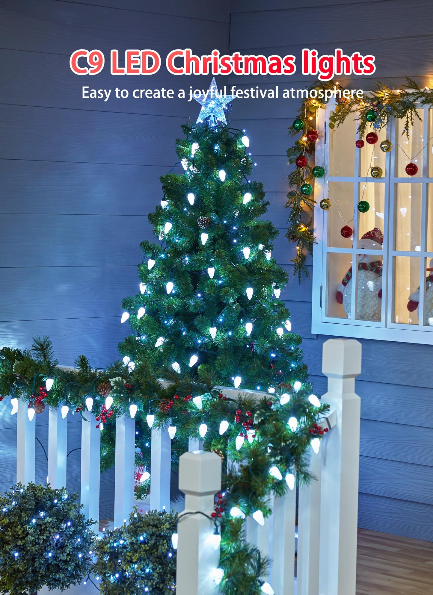 C9 Christmas Lights Outdoor, 114 Feet 150 LED C9 String Light with Timer & 8 Light Modes, Waterproof Commercial Grade Connectable Christmas Tree Lights for House Indoor Outside Roofline, Pure White