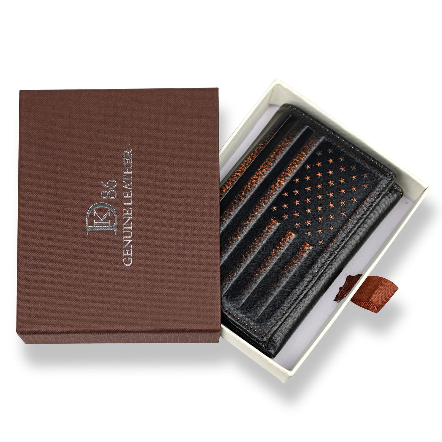 DK86 USA Flag Trifold Wallets for Men American Flag Wallet Full Grain Leather with Hand Burnished Tri-Fold Wallet RFID Blocking