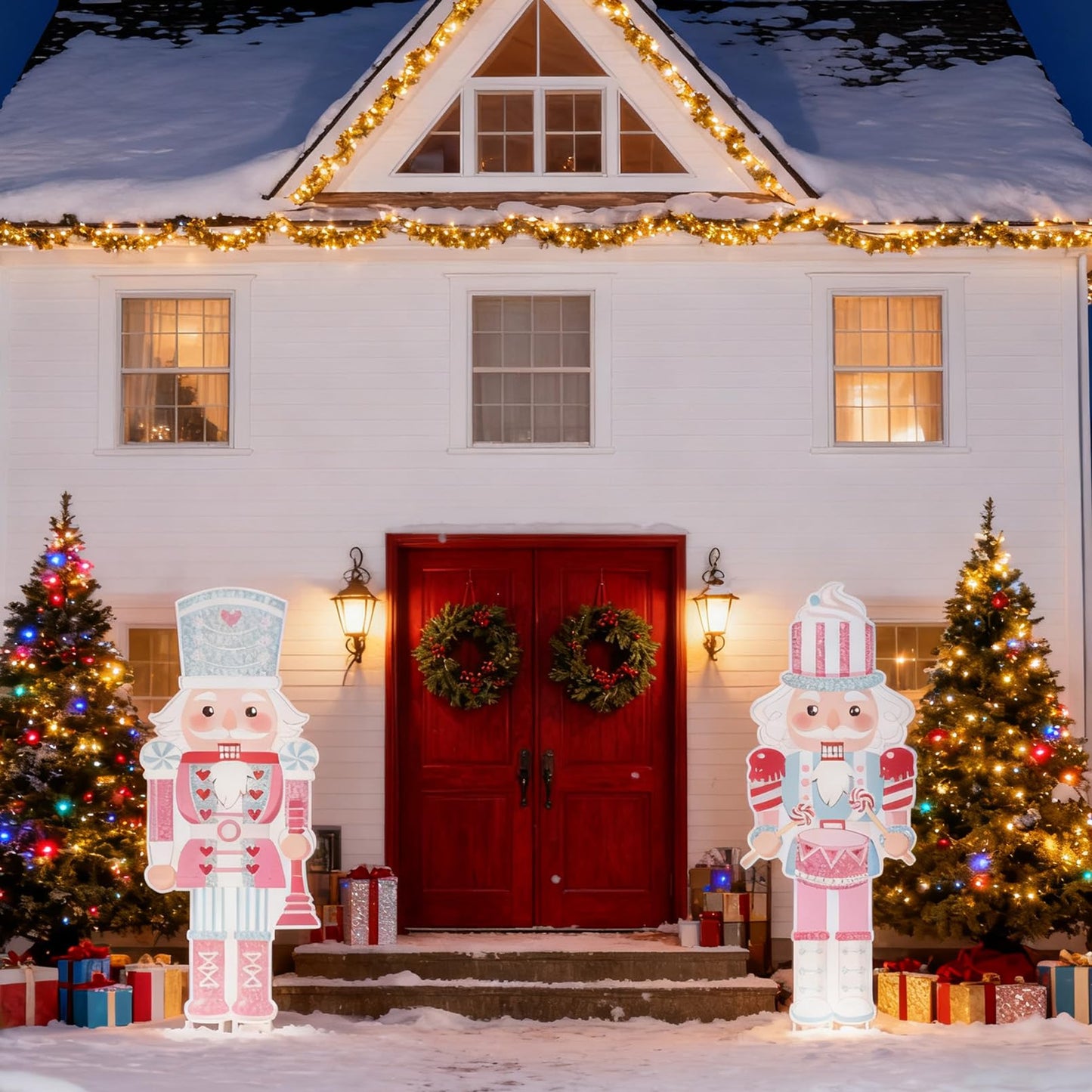 GOLDCROW 2 Pcs Nutcracker Yard Stakes, Christmas Nutcracker Porch Sign, Pink Christmas Yard Decorations for Lawn, Garden, Outdoor Xmas Winter Holiday Party Supplies