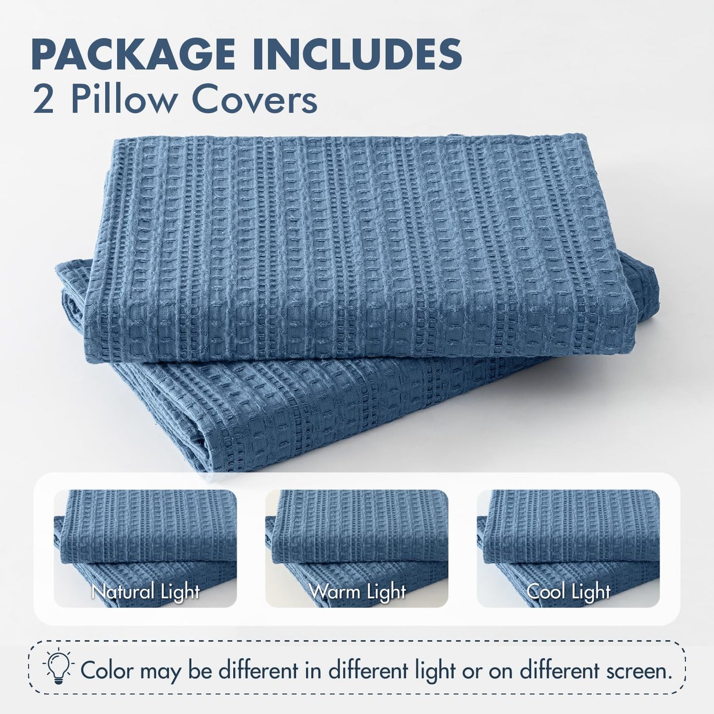 Woaboy Set of 2 Decorative 100% Cotton Waffle Throw Pillow Covers 18x18, Neutral Coastal Euro Shams Weave European Cushion Cases for Couch Sofa Bed Modern Farmhouse Home Decor, Blue