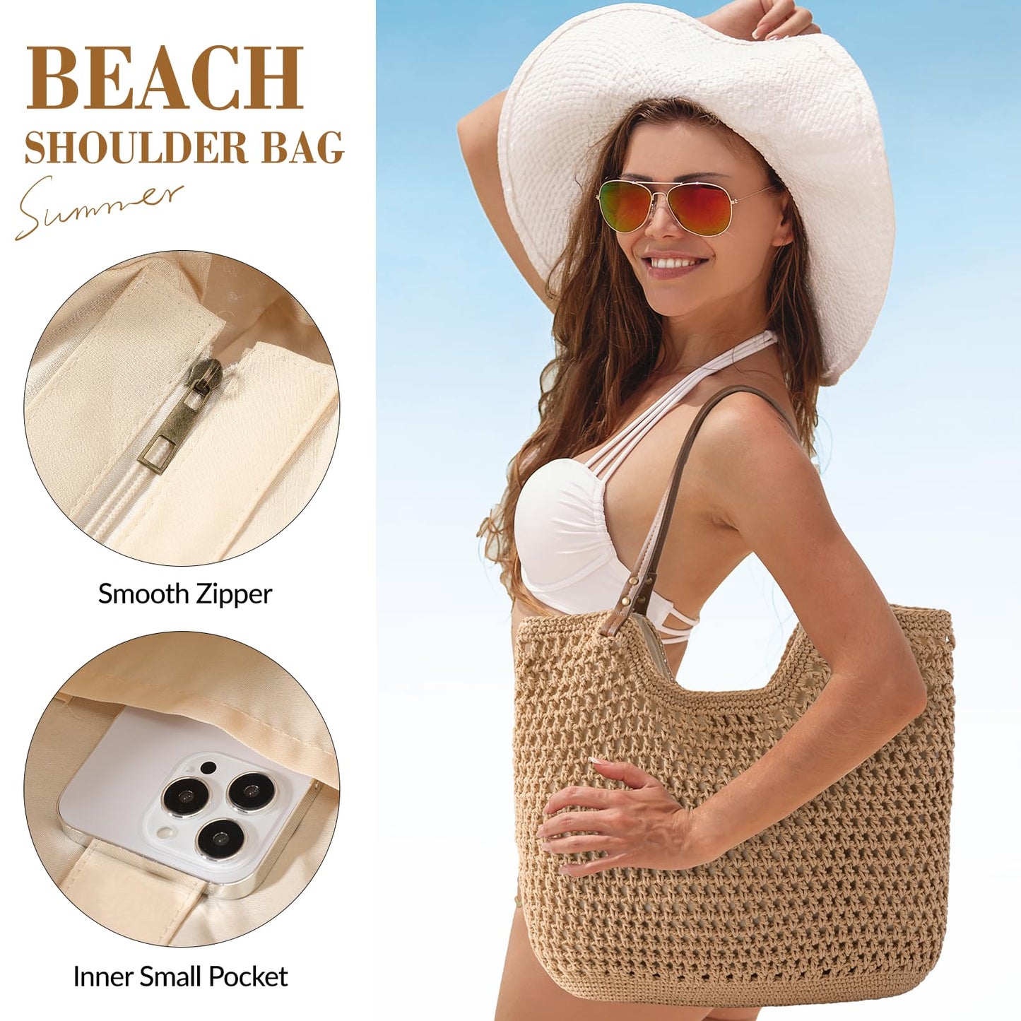 Pleneal Crochet Beach Bags for Women, Summer Beach Tote Bag, Soft Woven Shoulder Bags for Vacation
