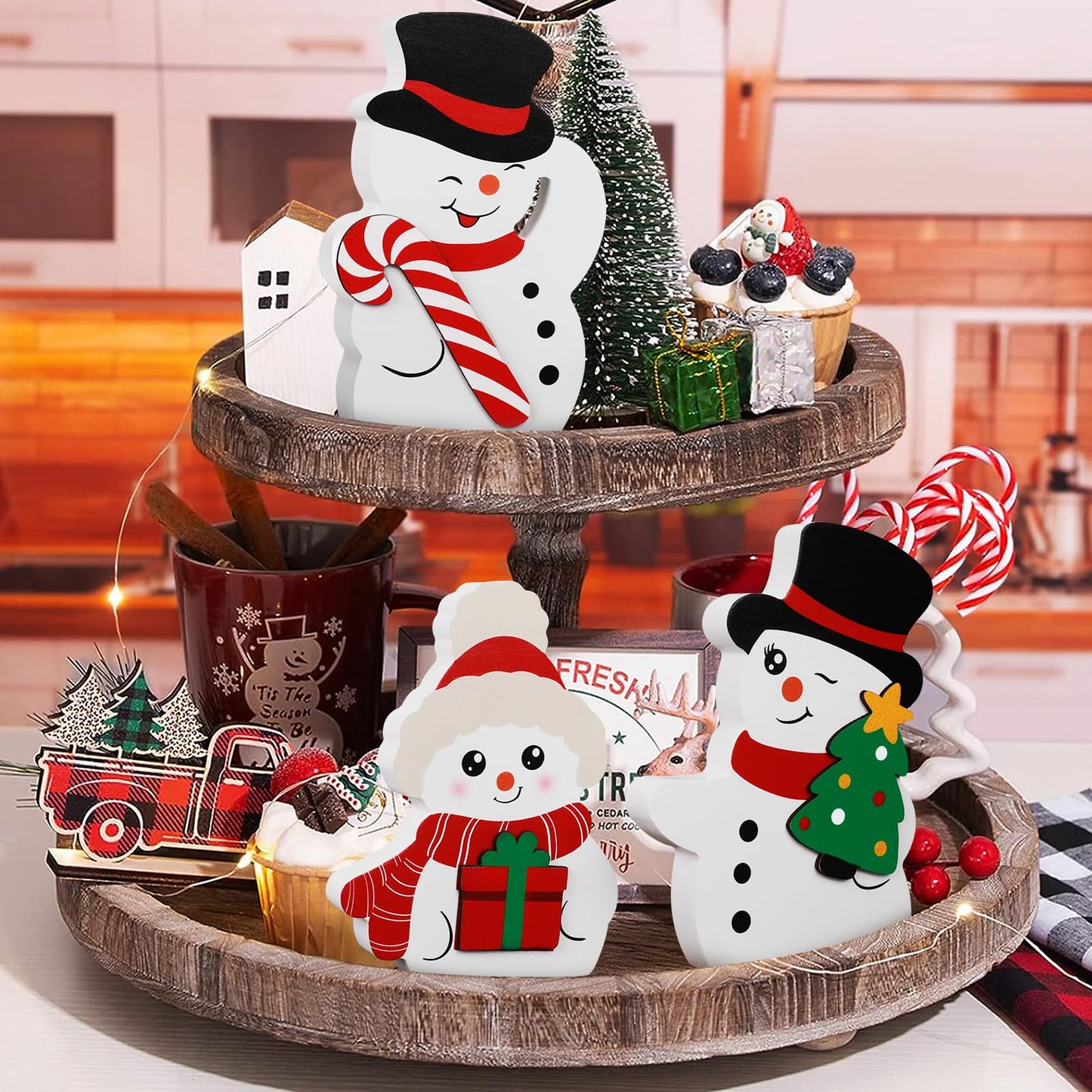 COCHIE Snowman Christmas Decorations Indoor, Cute Winter Tiered Tray Decor Set of 3, Wooden Snowman Blocks Xmas Table Decoration for Party Home Office Shelf Door (Peppermint Candy Canes)