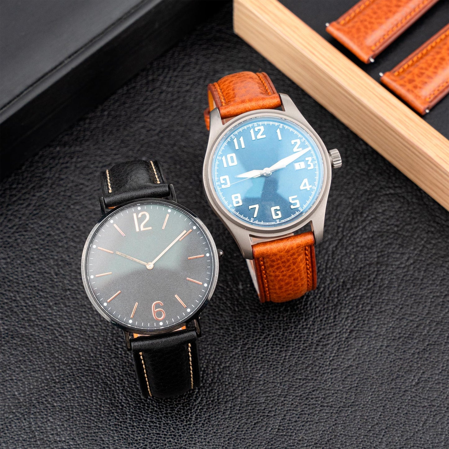 Gomvadr Italian Leather Watch Band Tuscany Natural Vegetable-Tanned Leather Strap,18mm 19mm 20mm 21mm 22mm XL XXL Quick Release Replacement Watch Straps for Men and Women, Thick and Soft(Black / Black Buckle, 18mm-Standard)