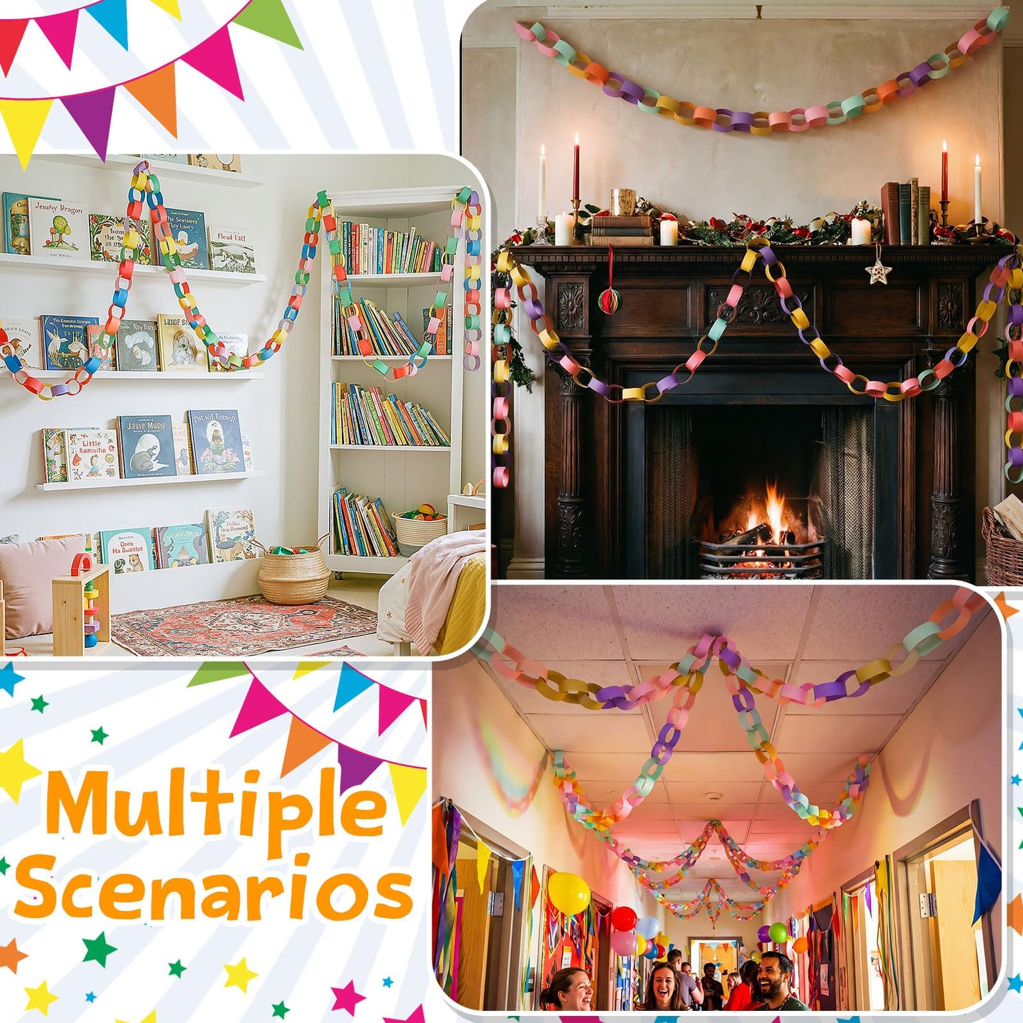 Maitys 500 Sheets Paper Chain Strips and Mirror Star Garland 13 Feet Paper Crafts Banner with Double Sided Tape for Crafting Birthday Wedding Festival Theme Party Decor (Groovy,0.79 x 8.27 Inches)