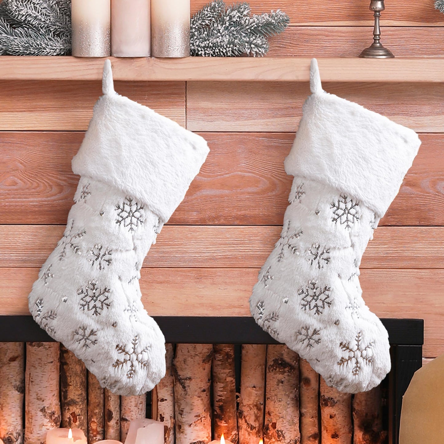 Glitzhome 2 Pack 21" White Plush Christmas Stockings,Velvet Fabric Xmas Hooked Stocking with Embroidery Snowflakes for Family Holiday Party Christmas Decorations