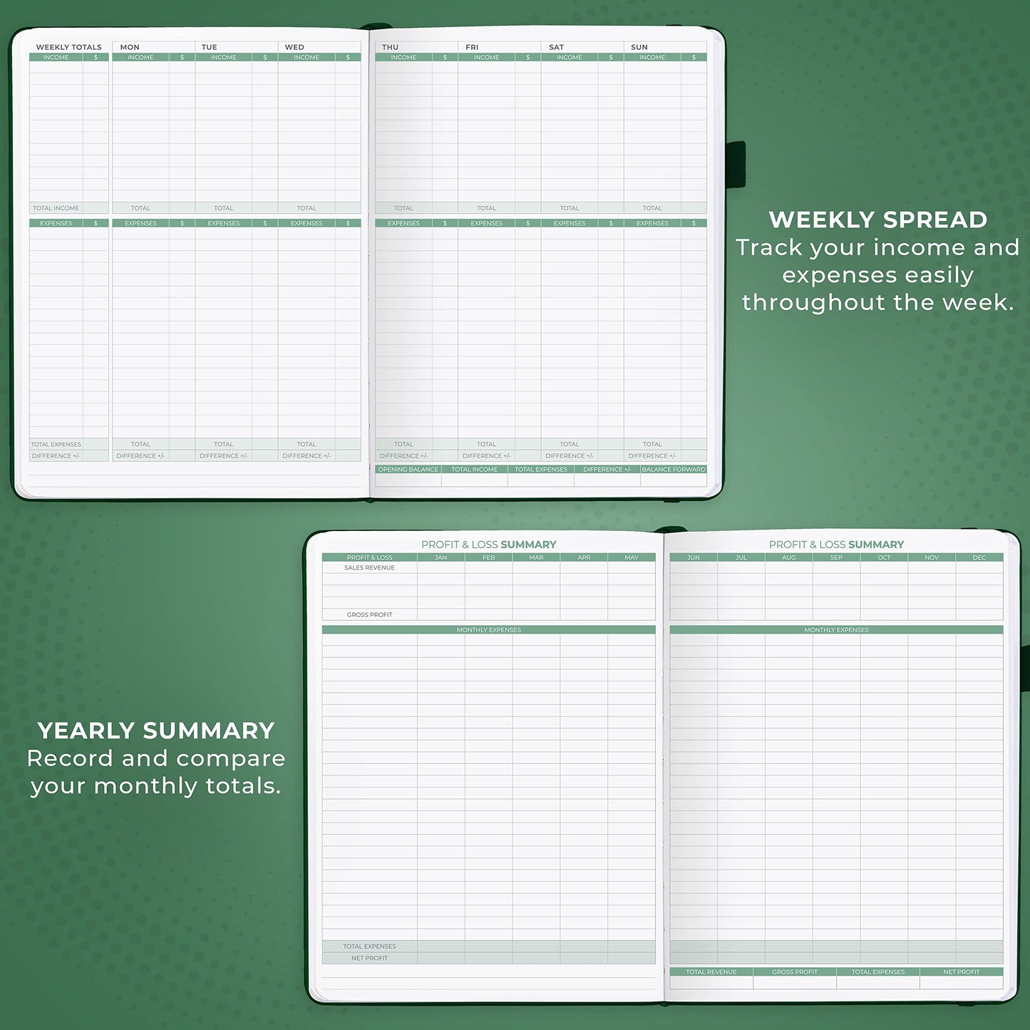 Clever Fox Income & Expense Tracker Large – Accounting & Bookkeeping Ledger Book for Small Business – 2-Year Record Notebook, A4 (Dark Green)
