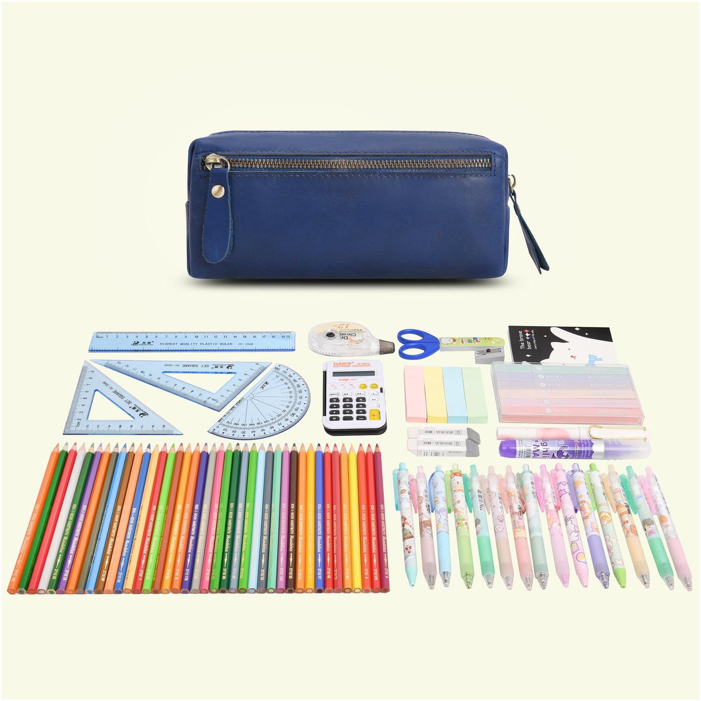 Wonderpool Pen Case Real Leather Pencil Pouch Markers Holder Big Capacity Bag with Side Zippered Pocket Sleeve for Stationery Makeup Utensils Organizer (Blue)