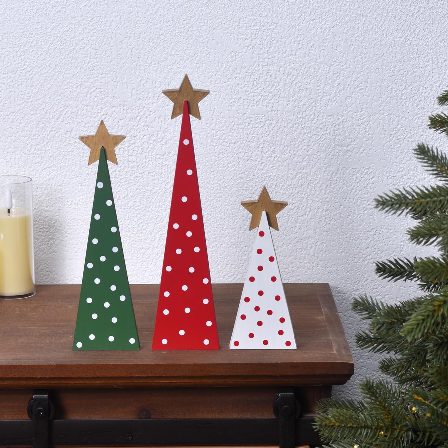 Wooden Christmas Tree Table Decor, 3PCs Rustic Wood Xmas Trees with Detachable Stars, Christmas Decorations Tabletop Shelf, Tiered Tray Centerpieces for Holiday Home Decor (Gold Star)