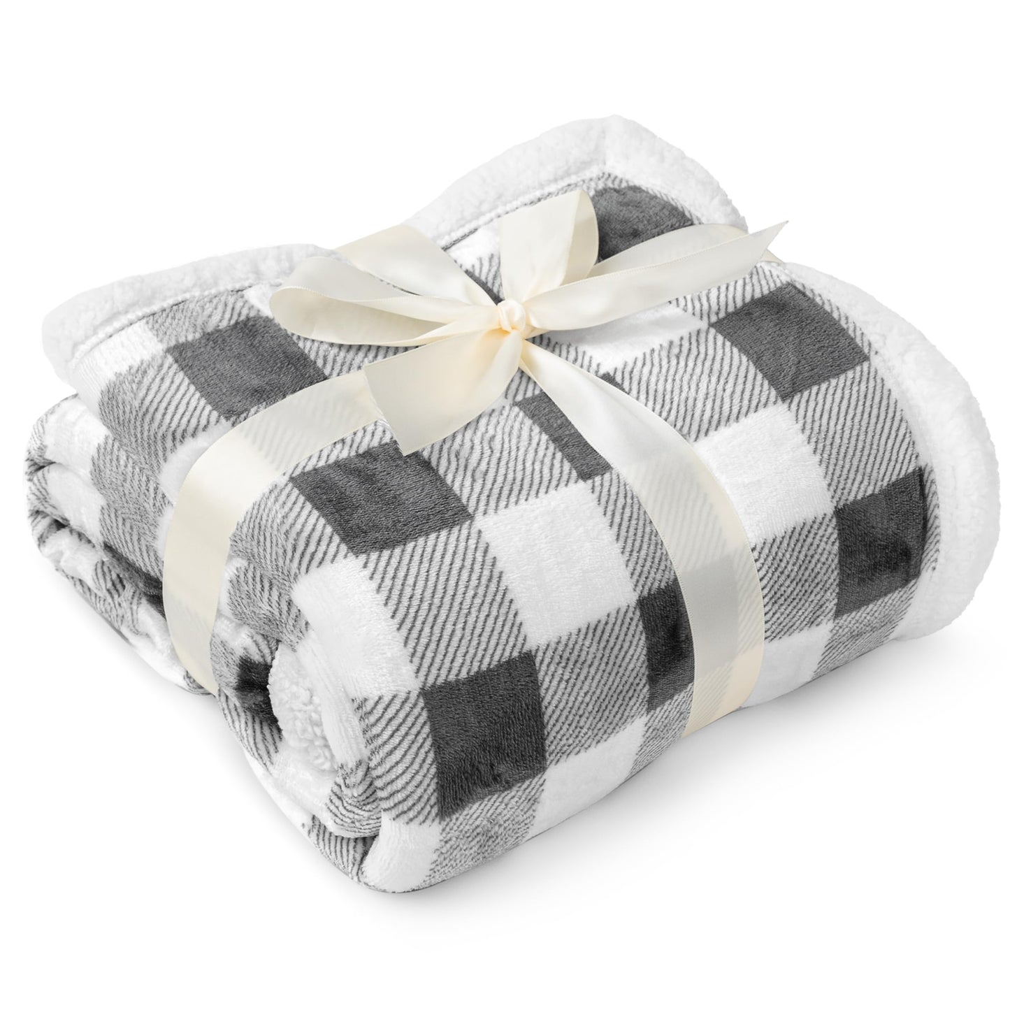 PAVILIA Light Grey Buffalo Plaid Sherpa Throw Blanket for Couch, Plush Light Gray Checkered Fleece Blanket and Throws, Soft Fuzzy Flannel Blanket for Sofa Bed, Warm Cozy Winter Blanket Gift, 50x60