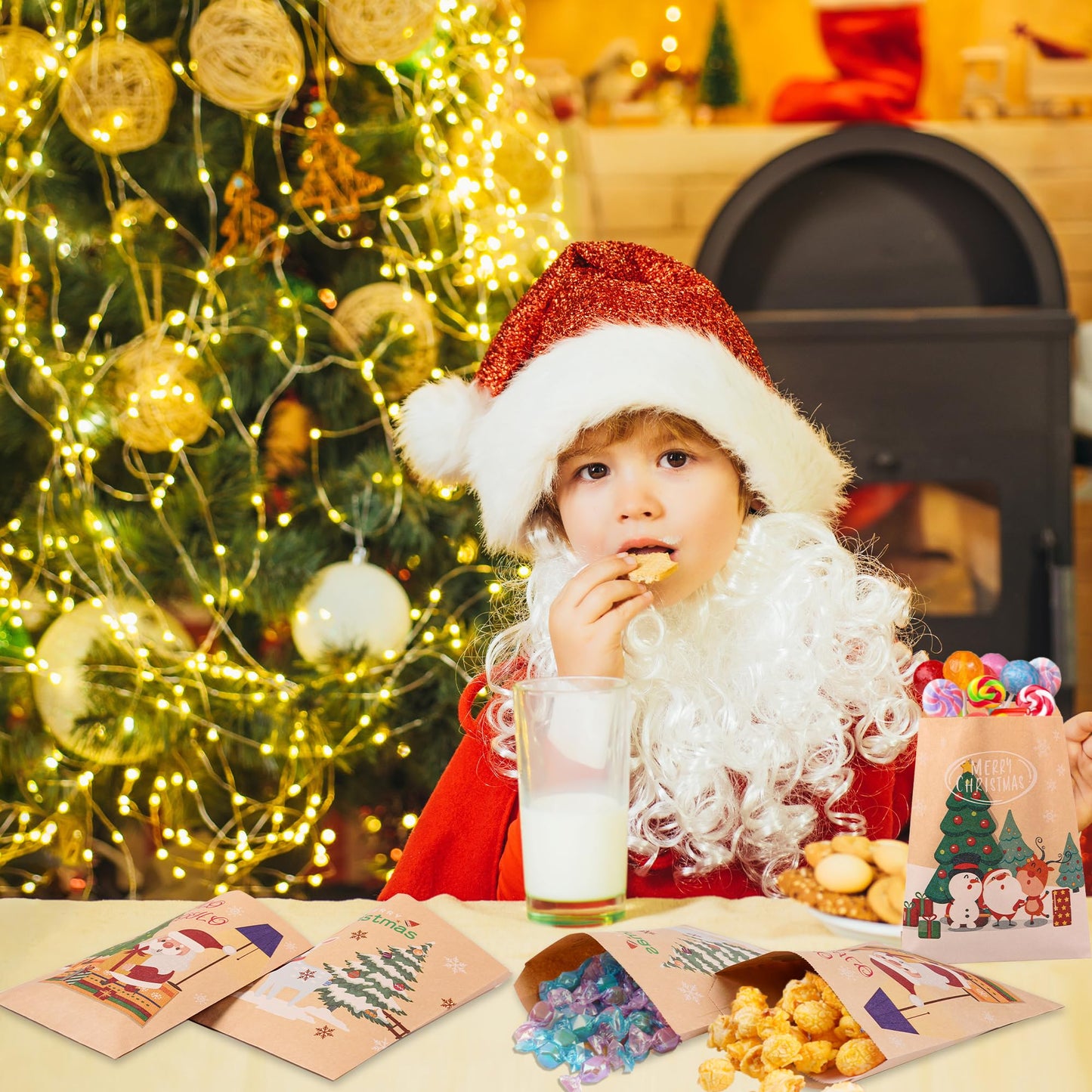 Kolewo4ever 240 Pieces Christmas Kraft Treat Bags Holiday Bag with Xmas Tree Santa Claus, Elk Prints Christmas Goodies Snack Gift Bag Candy Buffet Paper Bags for Xmas Holiday,6 Styles