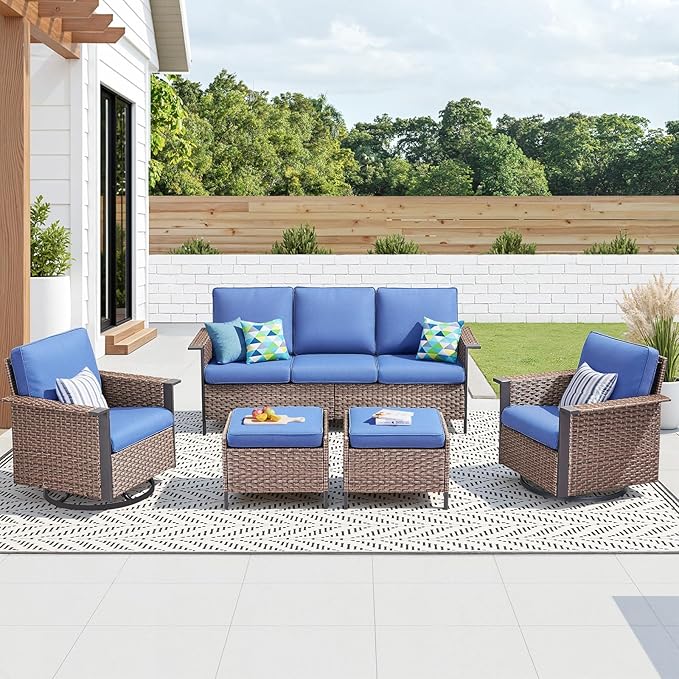 Outdoor Patio Furniture Set-5 Pieces All-Weather Wicker Patio Furniture with Outdoor Swivel Rocking Chairs Set of 2,Outdoor Patio Conversation Sets for Garden Porch Deck Brown/Blue