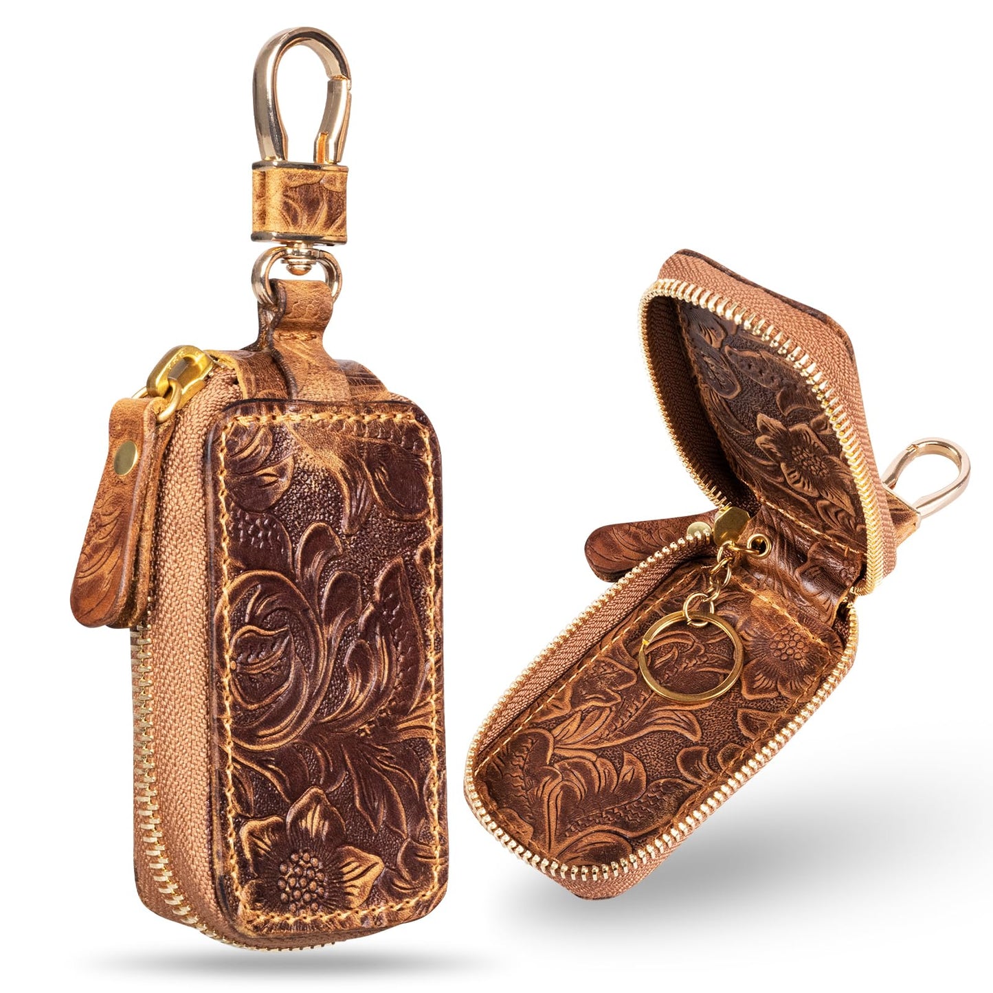 Gexmil Genuine Leather Zipper Car Key Case, Full Grain Leather, Pure Brass Hardware, Hand-Made Universal Car Key Holder, Mini Coin Bag for Women Men,Floral Brown