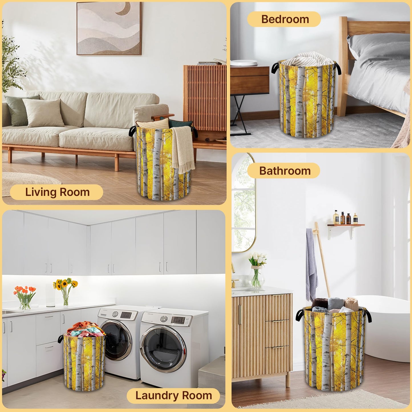 Laundry Hamper Foldable with Handles,Aspen Tree Leaves Oxford Cloth Basket,Large Capacity Storage Organizer for Bedroom Bathroom Dorm Room