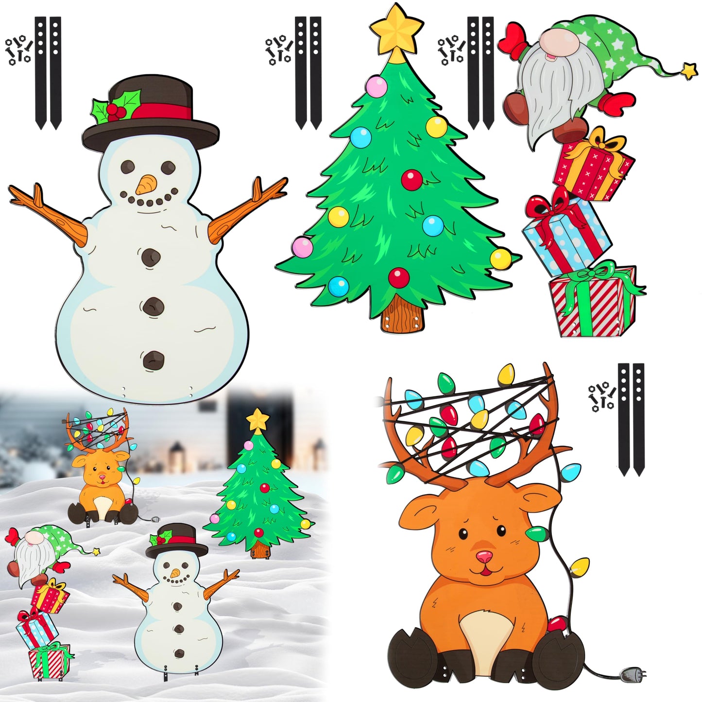 Christmas Metal Yard Signs- Set of 4 Different Adorable Designs- Large 16" Durable Outdoor Xmas Lawn Decorations w Metal Stakes for Easy Set Up- Make an Impact to Your Holiday Light and Garden Display