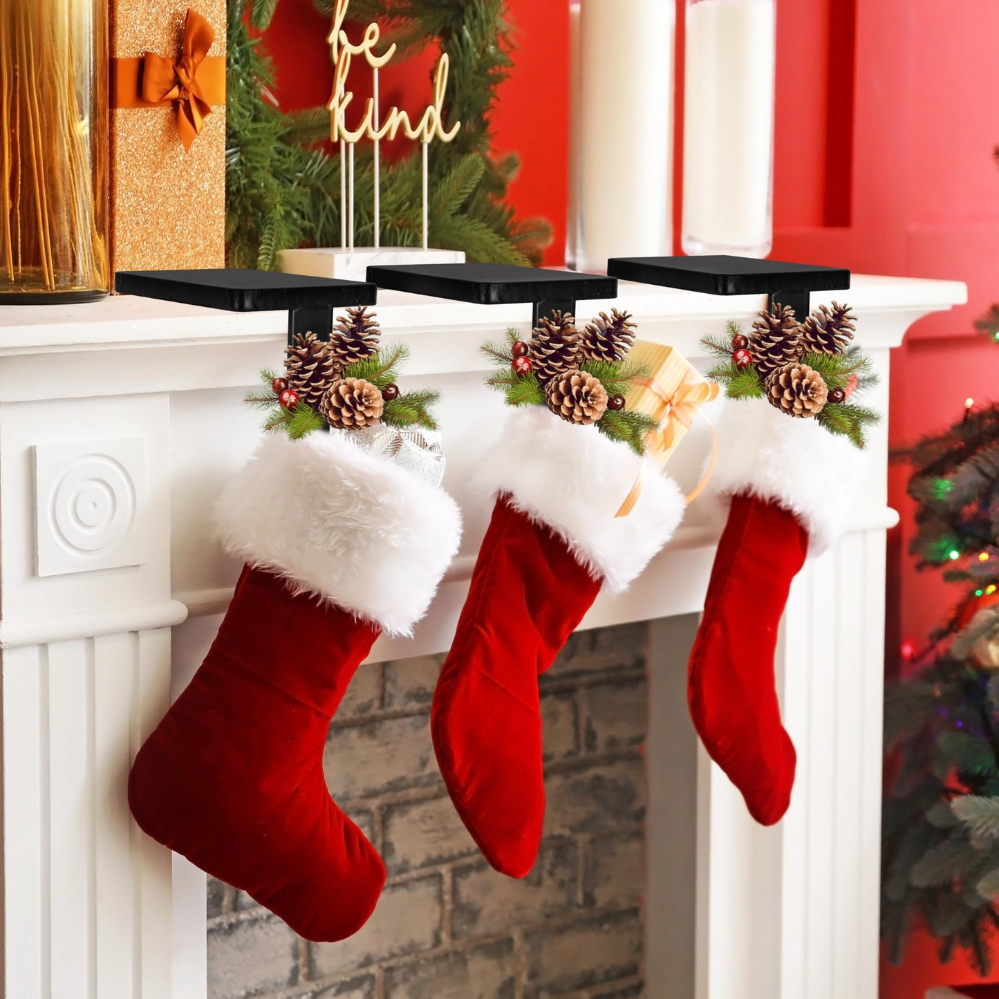 AMAZING TIME 6 Pcs Black Christmas Metal Stocking Holders, Non-Slip Heavy Duty Mantle Hangers Weighted Iron Hooks for Fireplace Tabletop Shelf Xmas Holiday Decoration