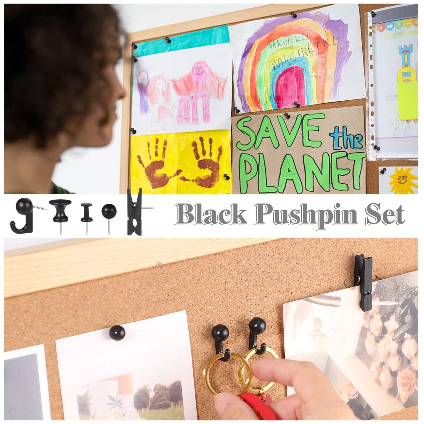 200 Pieces Push Pins Thumb Tacks Black Push Pins for Cork Board, 5 Style for Bulletin Boards Wall Maps Pictures Office Home Supplies
