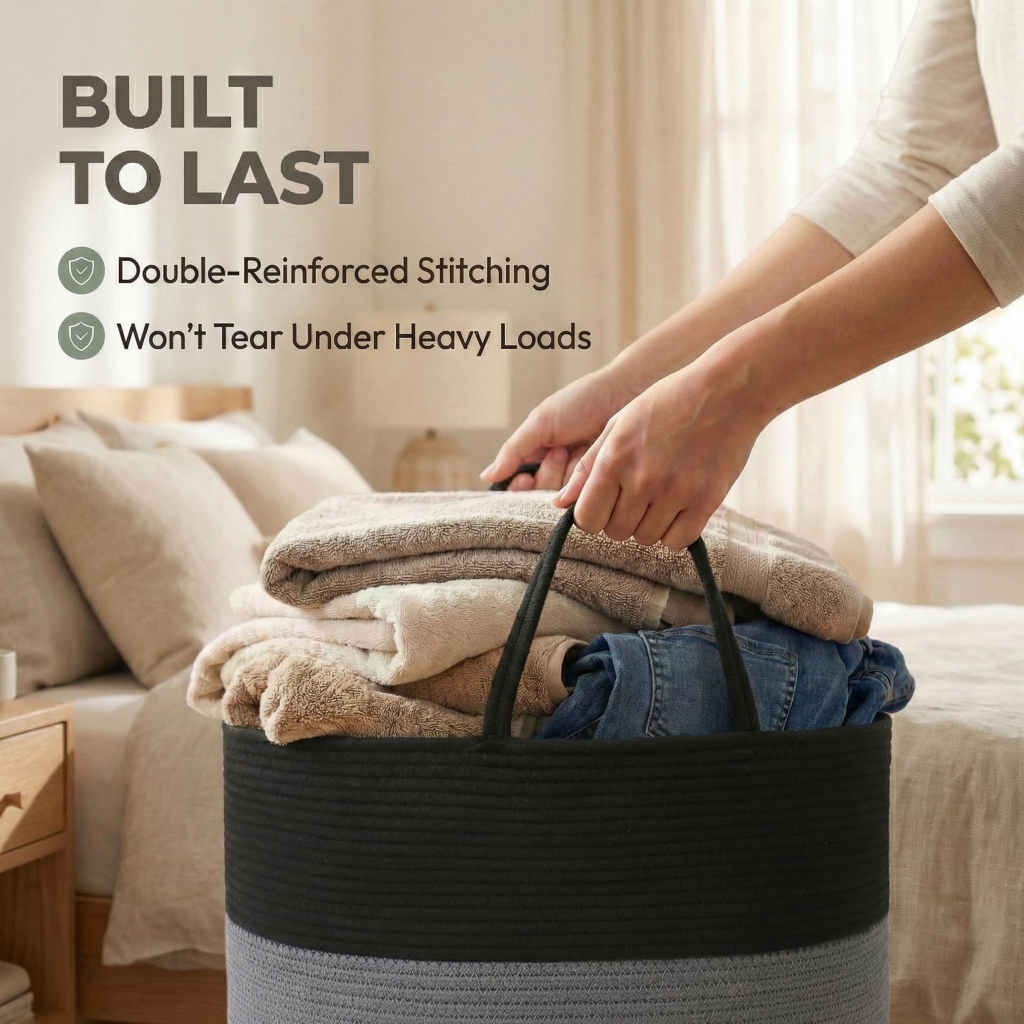 JMvicyroam 65L Extra Large Blanket Basket for Living Room - Woven Cotton Rope Laundry Hamper with Reinforced Handles - Storage Bin for Pillows, Comforters & Toys - Machine Washable,Black&Grey