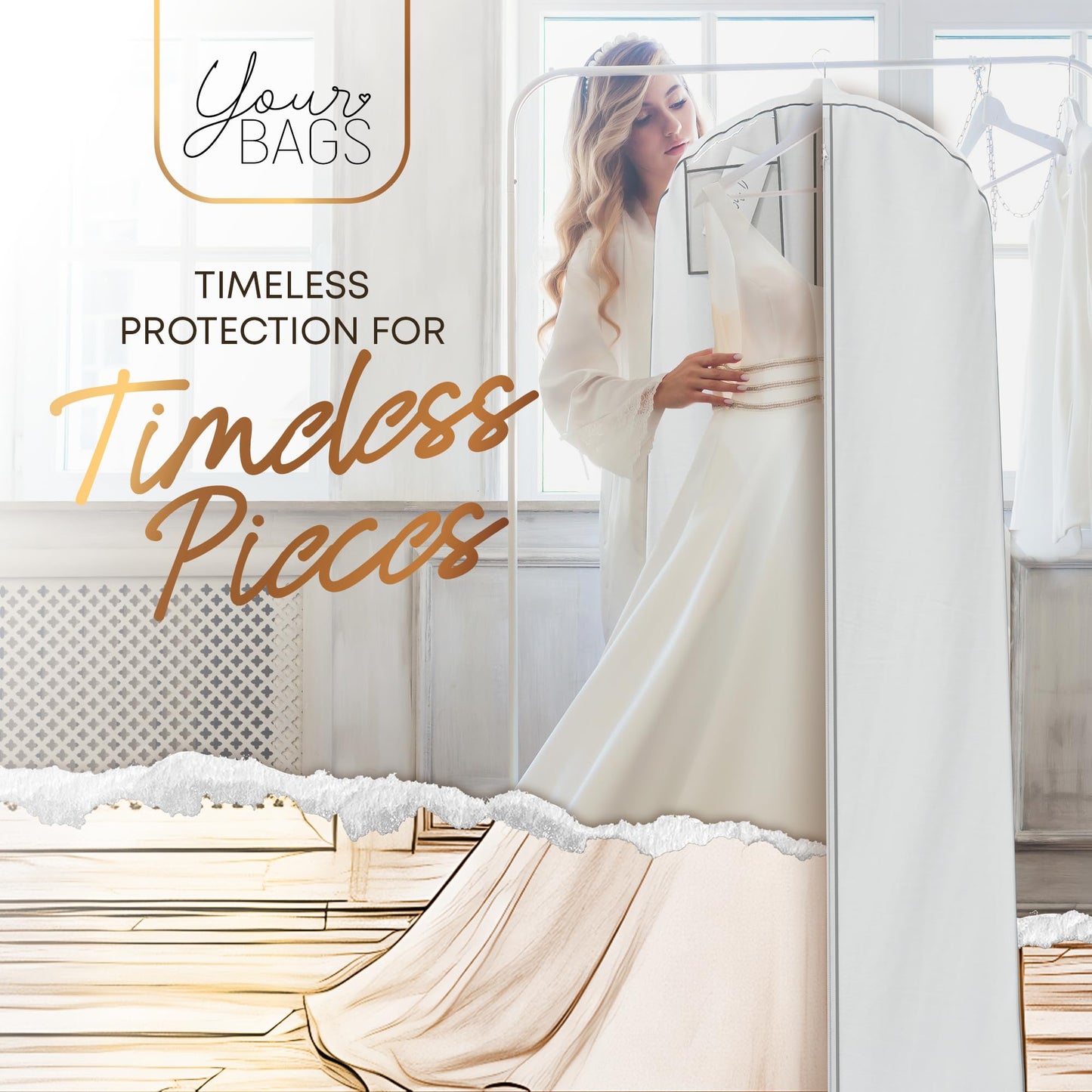 Your Bags 72” Wedding Dress Garment Bag with 20" Gusset & ID Window - Extra Large Bridal Garment Bags for Travel - Breathable, Foldable Dress Bag for Puffy Dresses, Prom & Formal Wear (White/Grey)