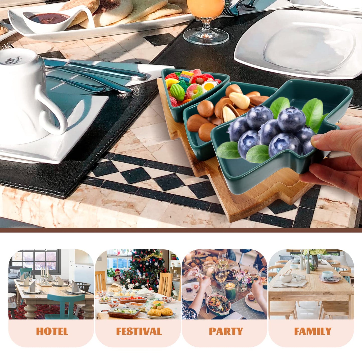 UPKOCH Christmas Tree Shaped Ceramic Snack Trays with Wooden Base, Tree Shaped Candy Dish Green Appetizer Plates for Nuts, Candy Dessert, Holiday Party Serving Platter, 10.38in