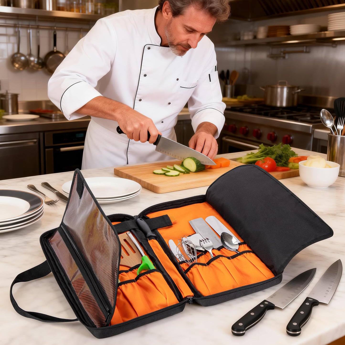samdew Chef Knife Storage Bag, Kitchen Tool Organizer with 18 Utensil Slots, Knife Set Carrying Case for Culinary Chef, with Detachable Shoulder Strap for Kitchen, Camping & Travel, Bag Only