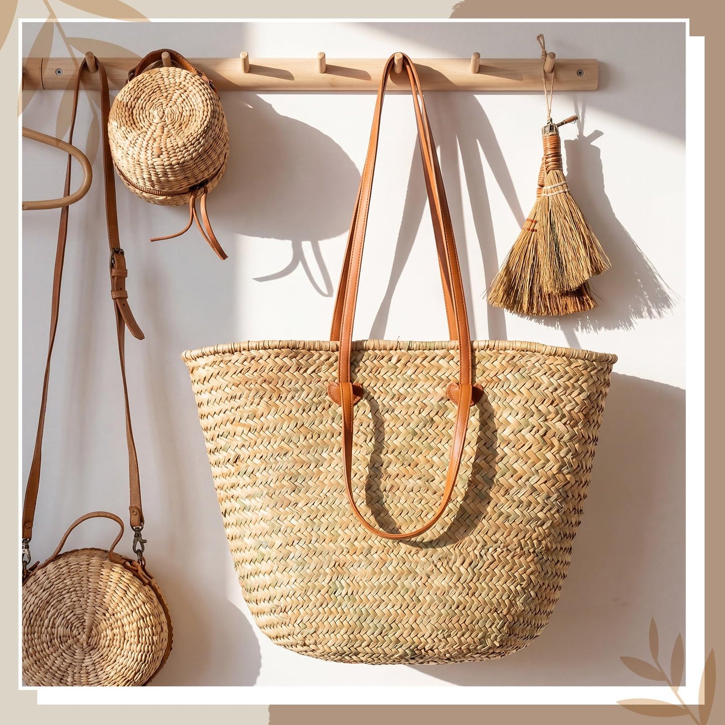 Klyyo Clyro Oversized French Straw Basket Tote Bag with Leather Handles & Drawstring Liner, 25" Large Woven Beach Bag for Summer, Picnic, Market, Grocery Shopping, Travel & Bridal Shower