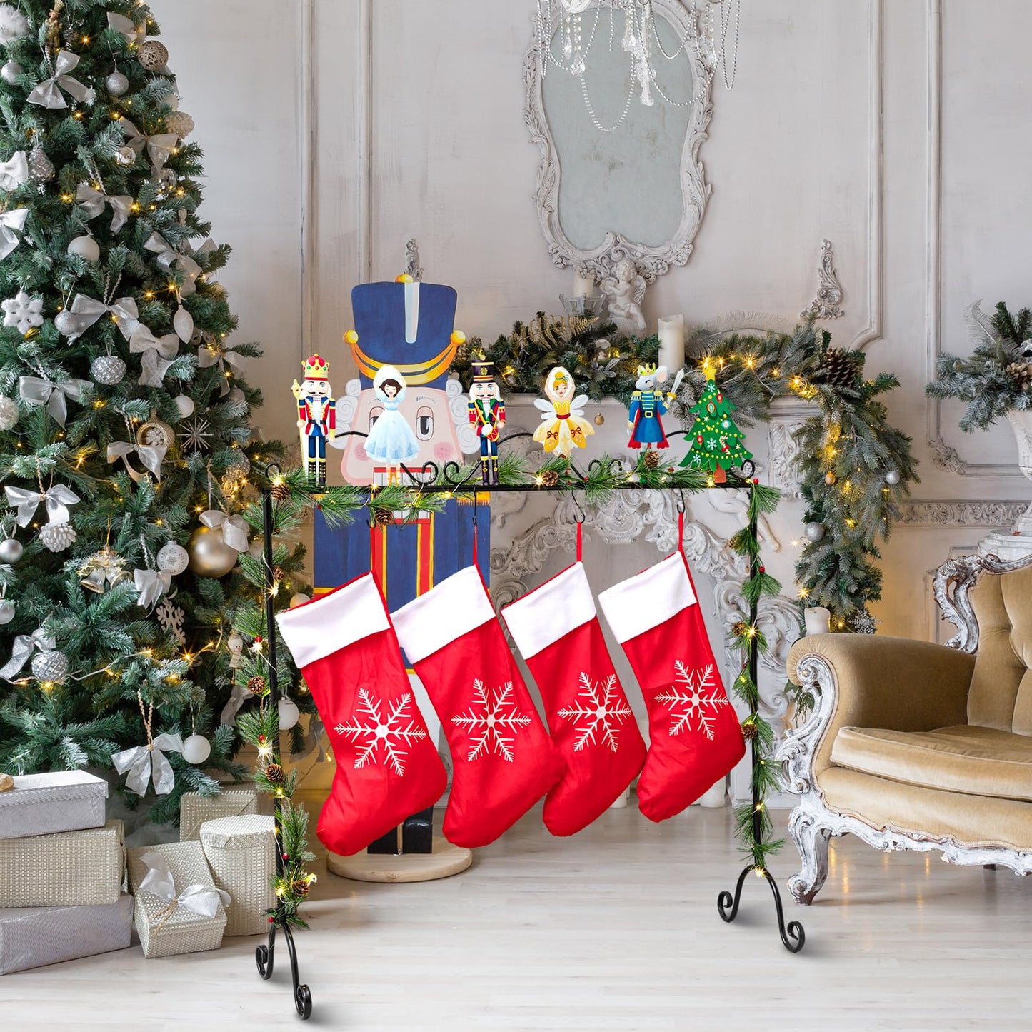 Sliner Christmas Stocking Holder with 12 Detachable Hooks 39.8 in Metal Stocking Holder Stand with String Lights, Freestanding Hangers Racks for Floor Fireplace Living Room(Nutcracker)