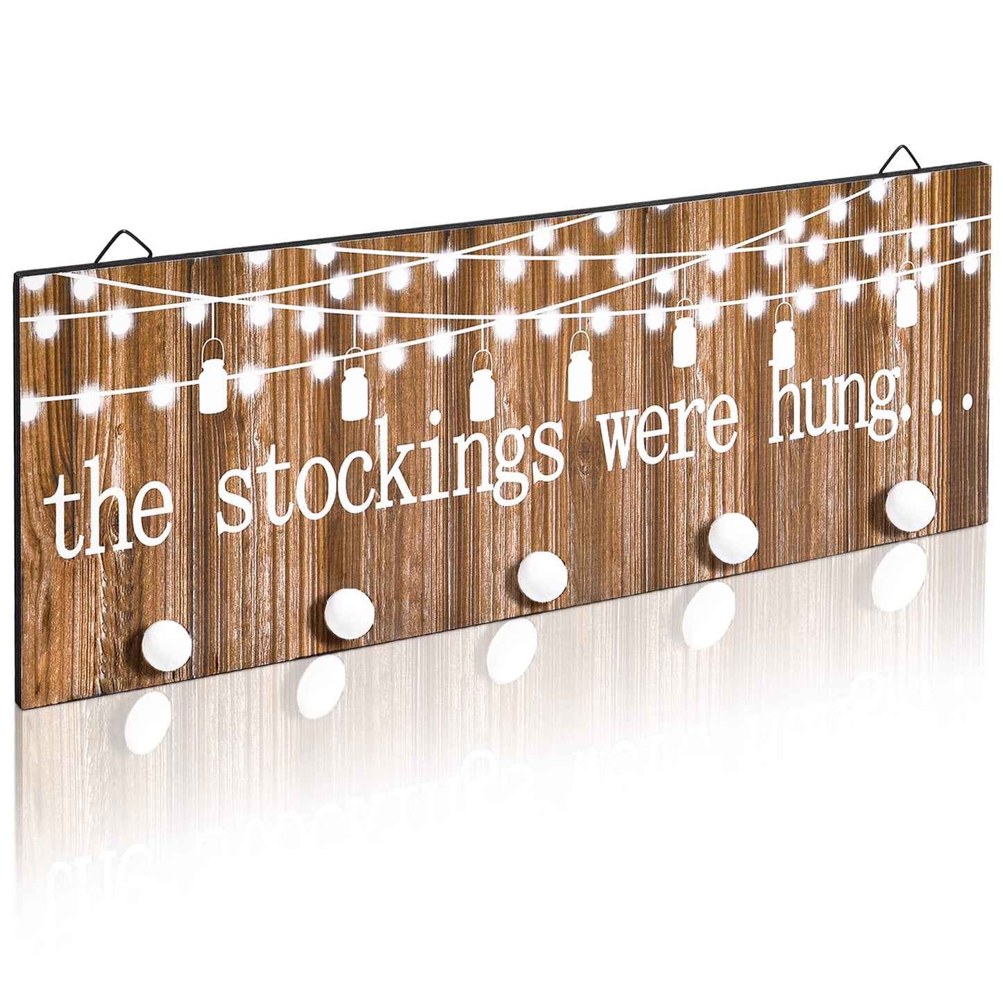Blulu Christmas Stocking Holders with 5 Hooks Wood Christmas Stocking Hangers for Wall The Stockings were Hung Wooden Sign Xmas Wall Mount Hose Hooks Rack for Mantle Fireplace Decoration