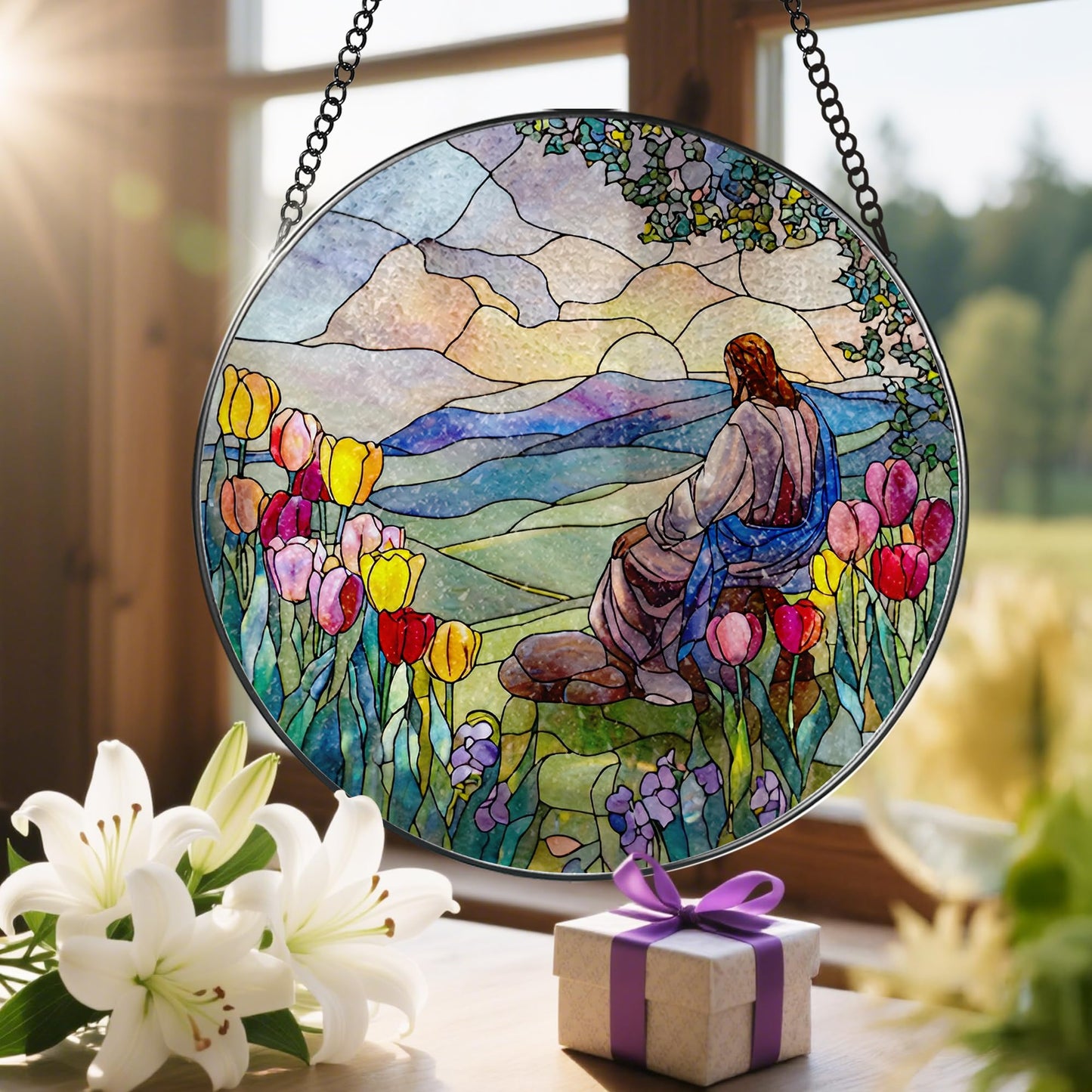 Stained Glass Suncatcher, Jesus and Sunrise Sun Catcher Ornament; Stained Glass Window Hanging, Christmas Ornament, Christian Home Decor; Baptism Gift, Christian Gifts, Religious Gifts