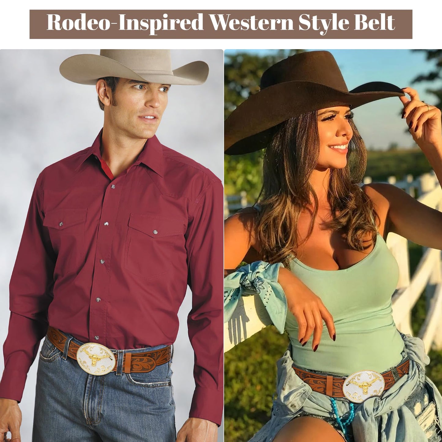SANSTHS Cowboy Belts for Men Women, Western Leather Belt with Big Buckles Mexican Country Black Longhorn Bull Belt for Jeans, Brown