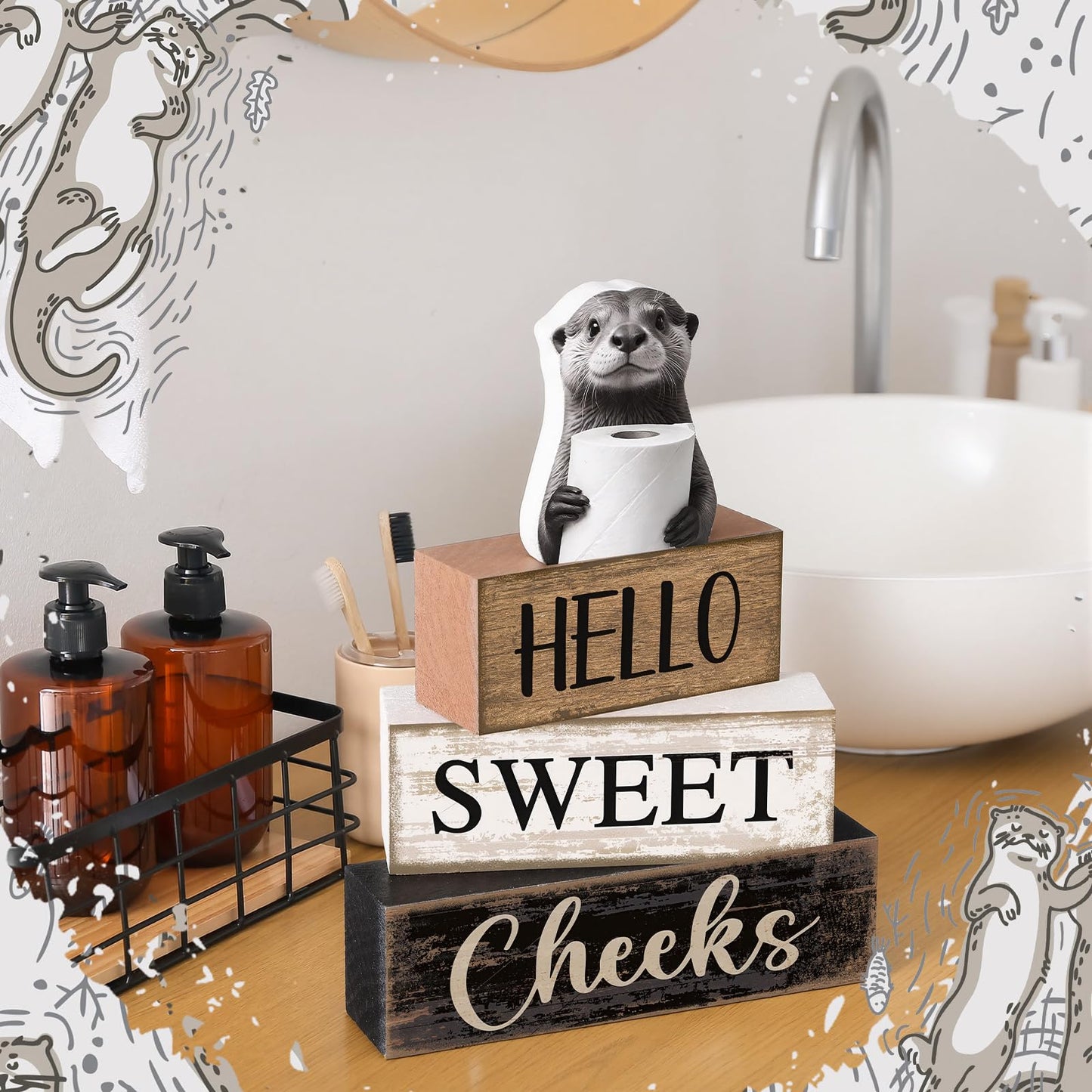 Moucuny 4 Pcs Otter Bathroom Decor Set Farmhouse Bathroom Decor and Accessories Rustic Hello Sweet Cheeks Wooden Blocks Signs with Toilet Paper Funny Toilet Shelf Decoration for Home Office Half Bath