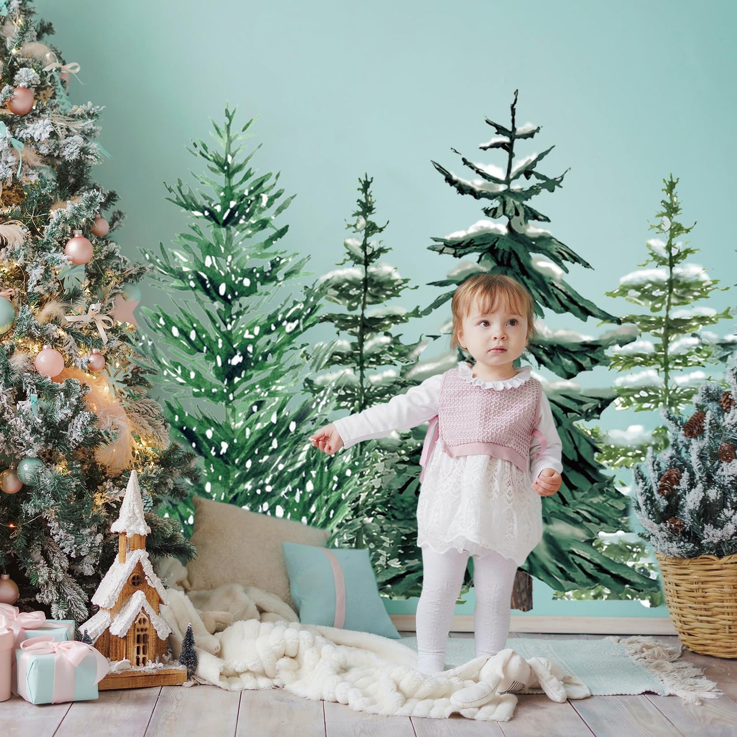 JarThenaAMCS 6 Sheets 35.4 x 71 Inch Winter Christmas Wall Stickers Snowy Forest Pine Tree Wall Stickers Peel and Stick Large Room Mural Decals for Xmas Home Party Decoration