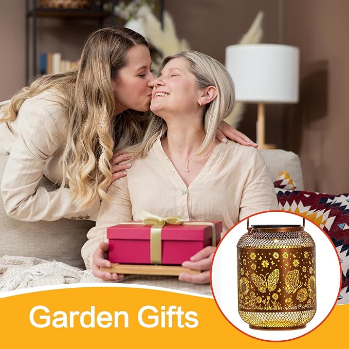 2 Pack Solar Lanterns Outdoor Waterproof Butterfly Garden Decor Birthday Gifts for Women Mom Grandma Hanging Solar Lights Metal Decoration Outside for Yard, Patio, Backyard, Porch, Pathway
