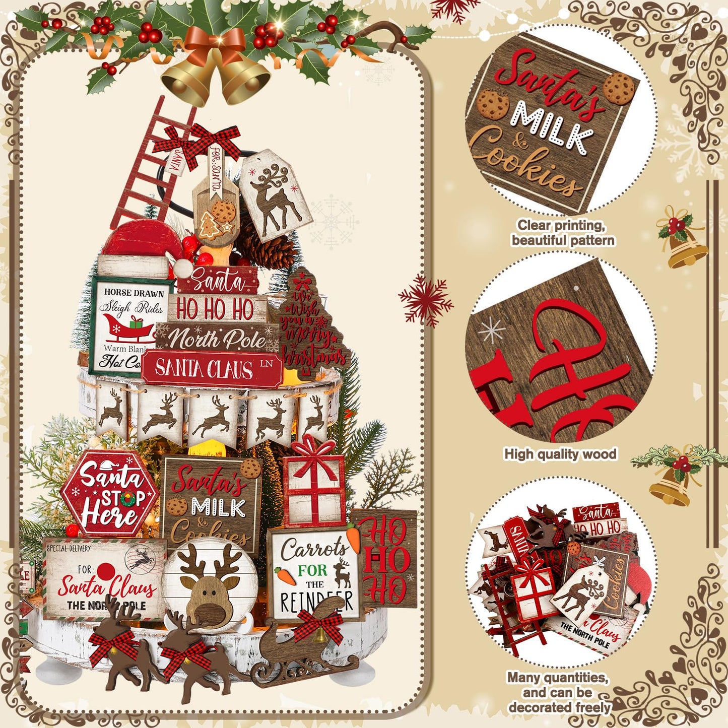 CroBlissful 23 Pcs Christmas Winter Tiered Tray Decor Snowman Farmhouse Decor Winter Tiered Table Centerpieces Wood Blocks Signs for Home Shelf, Without Tray(Red,Elk)