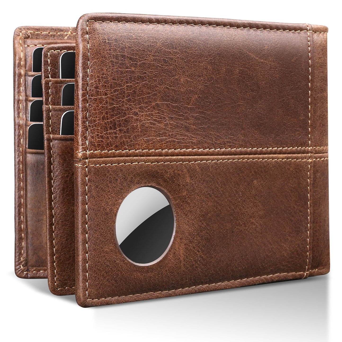 Swallowmall AirTag Wallet Mens RFID Blocking Genuine Bifold Leather Wallets for air tag Men's Wallet with 1 ID Window 15 Card Slots (Airtag Not included)
