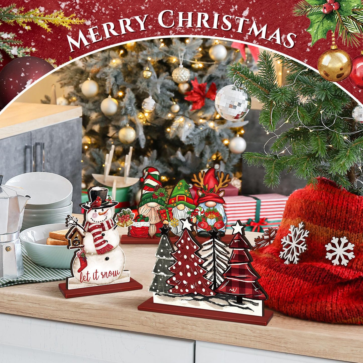 Realspring 6 Pcs Christmas Table Decorations Wood Centerpieces Decor Merry Christmas Gingerbread Gnome Xmas Tree Tabletop Standing Signs(Classic Style)