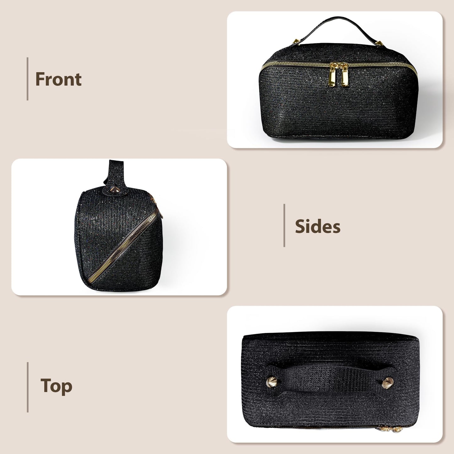 JeeVoya Makeup Bag for Women Large Capacity, Waterproof Travel Cosmetic Bag PU Leather Makeup Organizer with Dividers, Portable Toiletry Bag with Handle (Black)