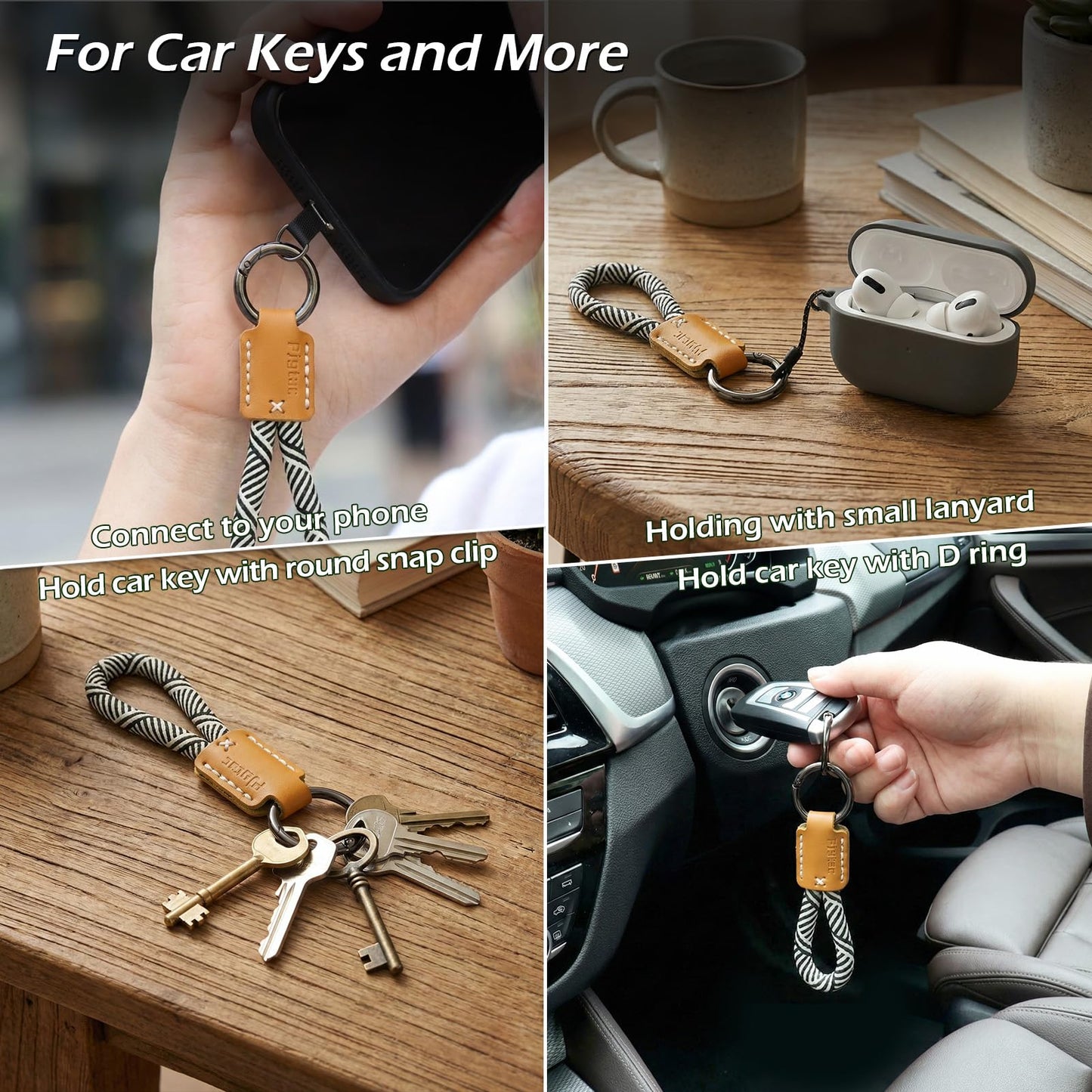 PJYTAC Keychain for Car Keys, Short Key Lanyard for Women, Cute Leather Rope Car Key Holder Key Chain with D Key Ring, Accessories Kit Phone Tether Tab Gift for Women Men