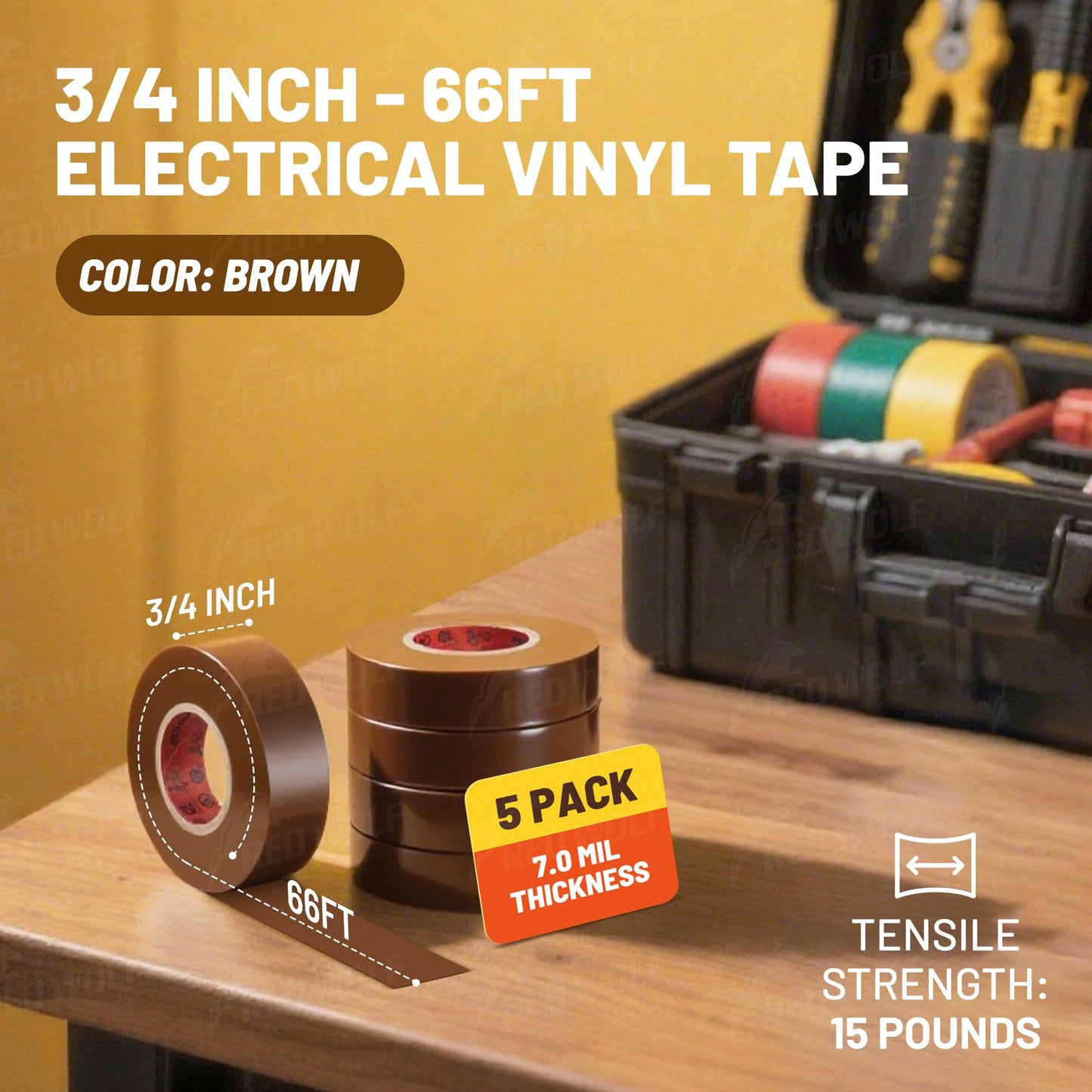 RED WOLF 5 Pack Brown Electrical Tape 3/4 Inch x 66 Ft Industrial Grade UL/CSA Listed 7 Mil Thick Flame Retardant High Temp Waterproof Electrical PVC Tape Electric Super Vinyl Rated 600V