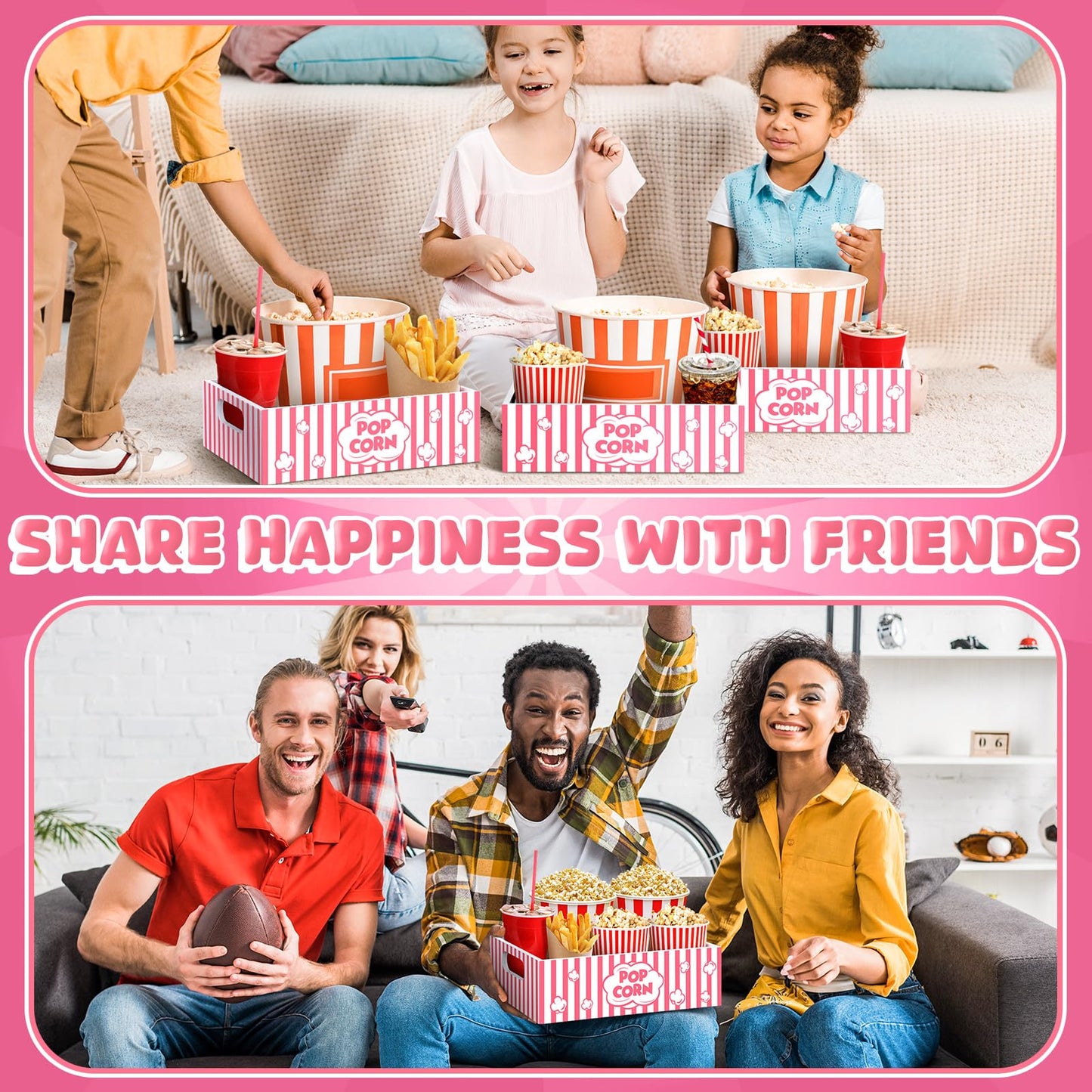 Movie Night Supplies Snack Trays with Handles Reusable Wooden Movie Gift Basket for Theater Popcorn Bucket Bowl Box Container Family Room Decor(Cute)