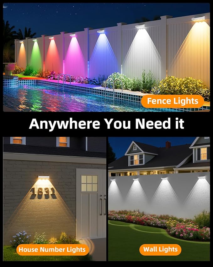 Solar Fence Lights Outdoor, 9 Fixed Colors & Color Changing Fence Lights Solar Powered Waterproof IP65 Dusk-to-Dawn LED Deck Lighting for Patio, Railing, Pool, Porch, Backyard, Wall, 12 Pack