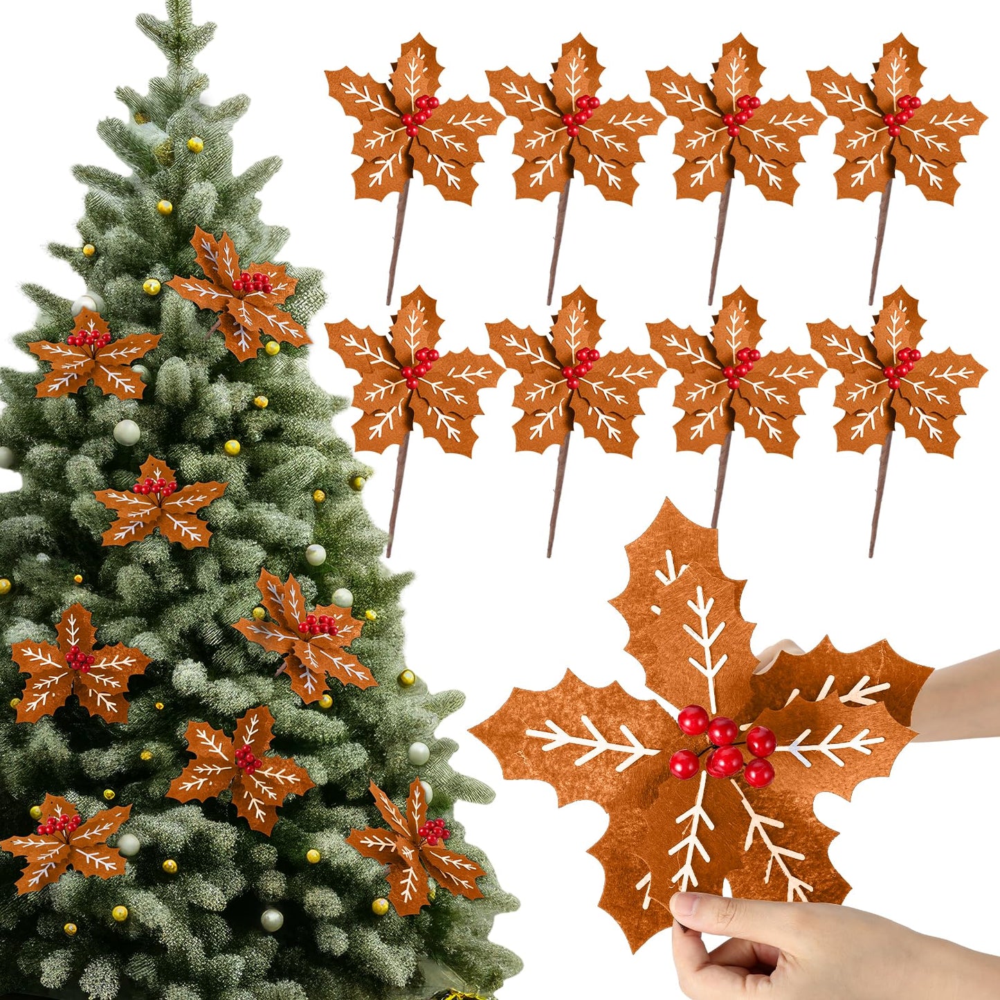 Suncalla 8 Pcs 9 Inch Gingerbread Poinsettia Christmas Tree Picks Decorations Felt Artificial Poinsettia Flowers with Red Berries Christmas Tree Ornaments Topper for Xmas Floral Wreath Vase Decoration