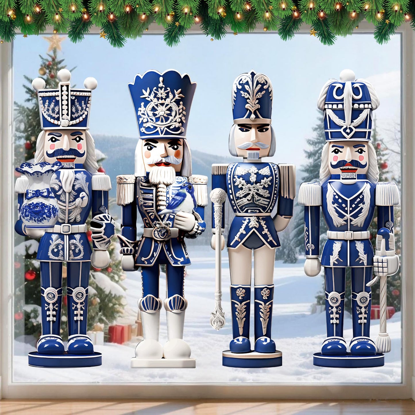 Fullhawl 4 Sheets Large Winter Window Clings Decorations Nutcracker Soldiers Winter Window Clings Nutcrackers Xmas Stickers for Holiday Party(Blue and White Porcelain)