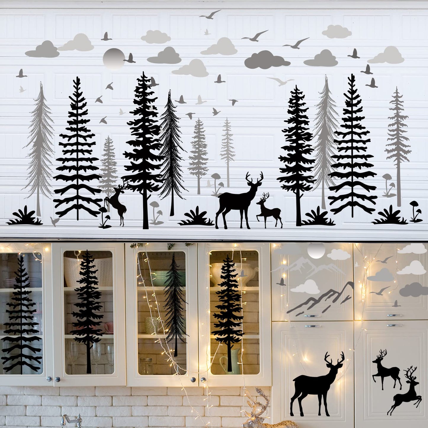 Teling 8 Pieces Winter Snowflake Wall Decals Stickers Dreamy Nursery Forest Woodland Trees Deer Pine Tree Wall Decals for Kids Room Winter Decor(Black, White, Gray)