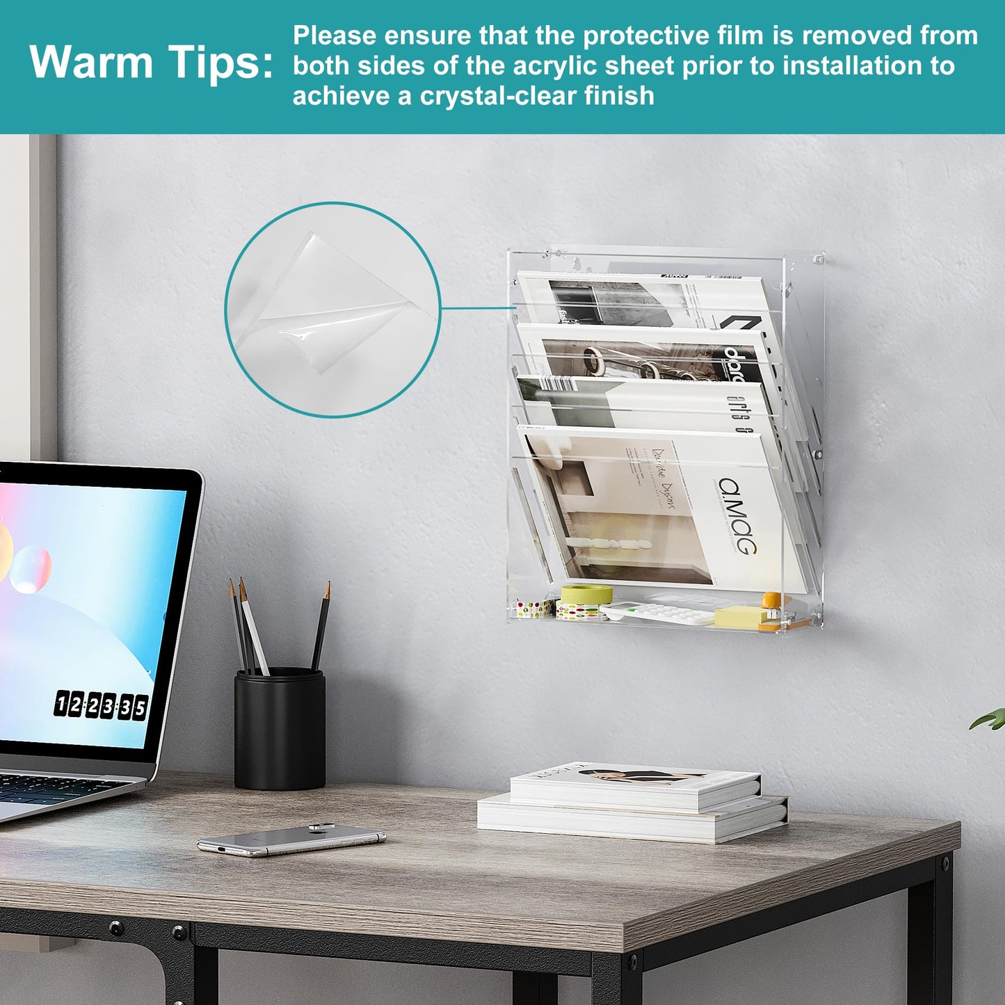 Solinxe Clear Desk File Holder, 5 Tier Acrylic Hanging Wall File Mail Document Organizer, Vertical Paper Organizer, Magazine Newspaper Rack for Office, Home, Classroom