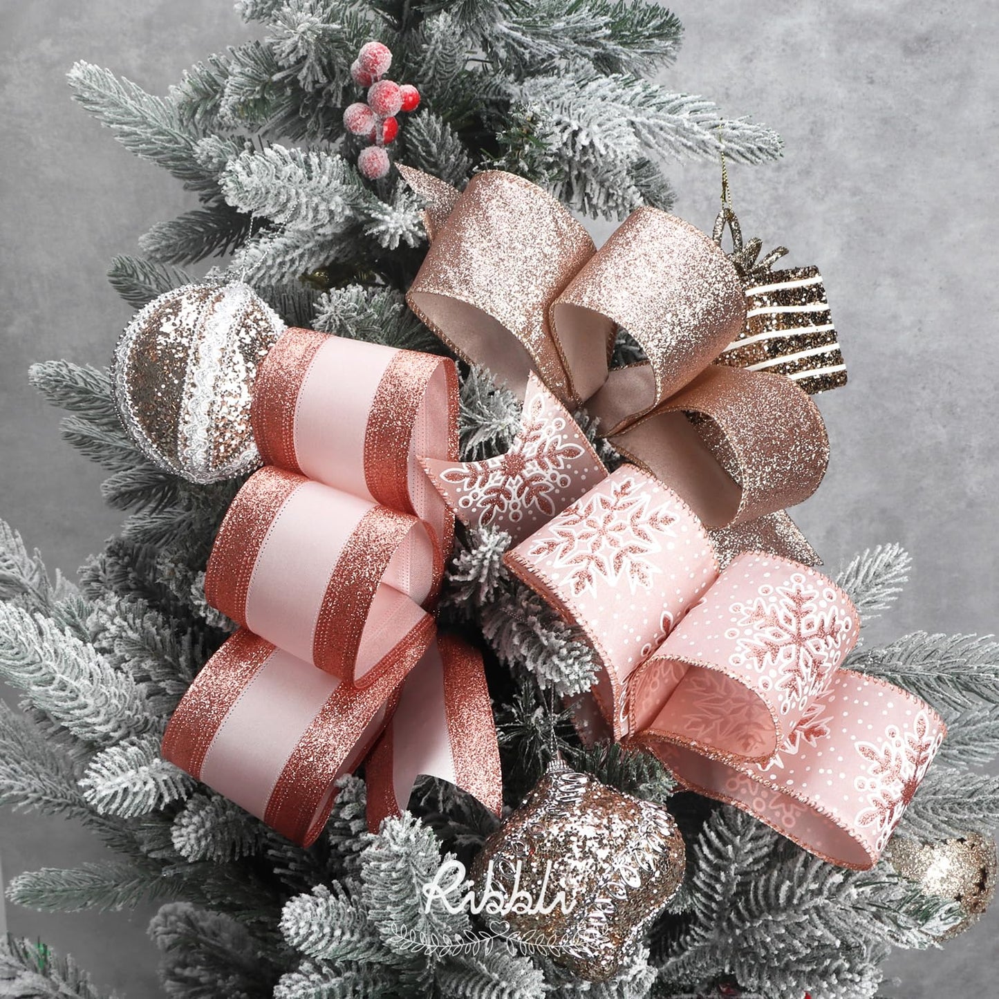 Ribbli Christmas Ribbon Wired Rose Gold Christmas Tree Ribbon Snowflake Glitter Wired Ribbons for Crafts Gift Wrapping Wreaths Garland Home Decor -2.5 Inchx6 Rolls Total 36Yard