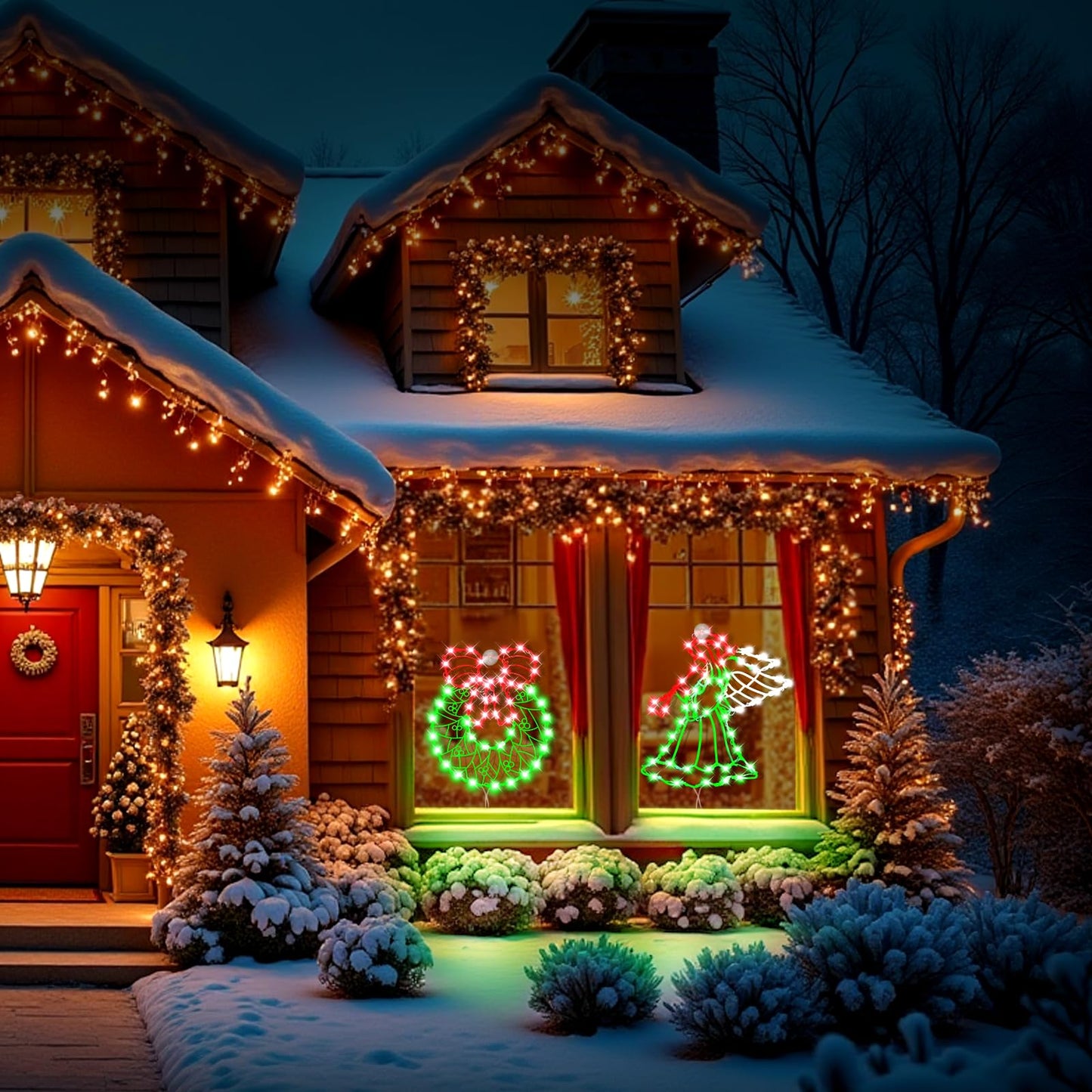 16" Christmas Window Silhouette LED Lights Decorations with Battery Powered, Pack of 2 Sign Lighted Wreath and angel Christmas Window Lights for Indoor Wall Door Glass Decor, window hanging lights