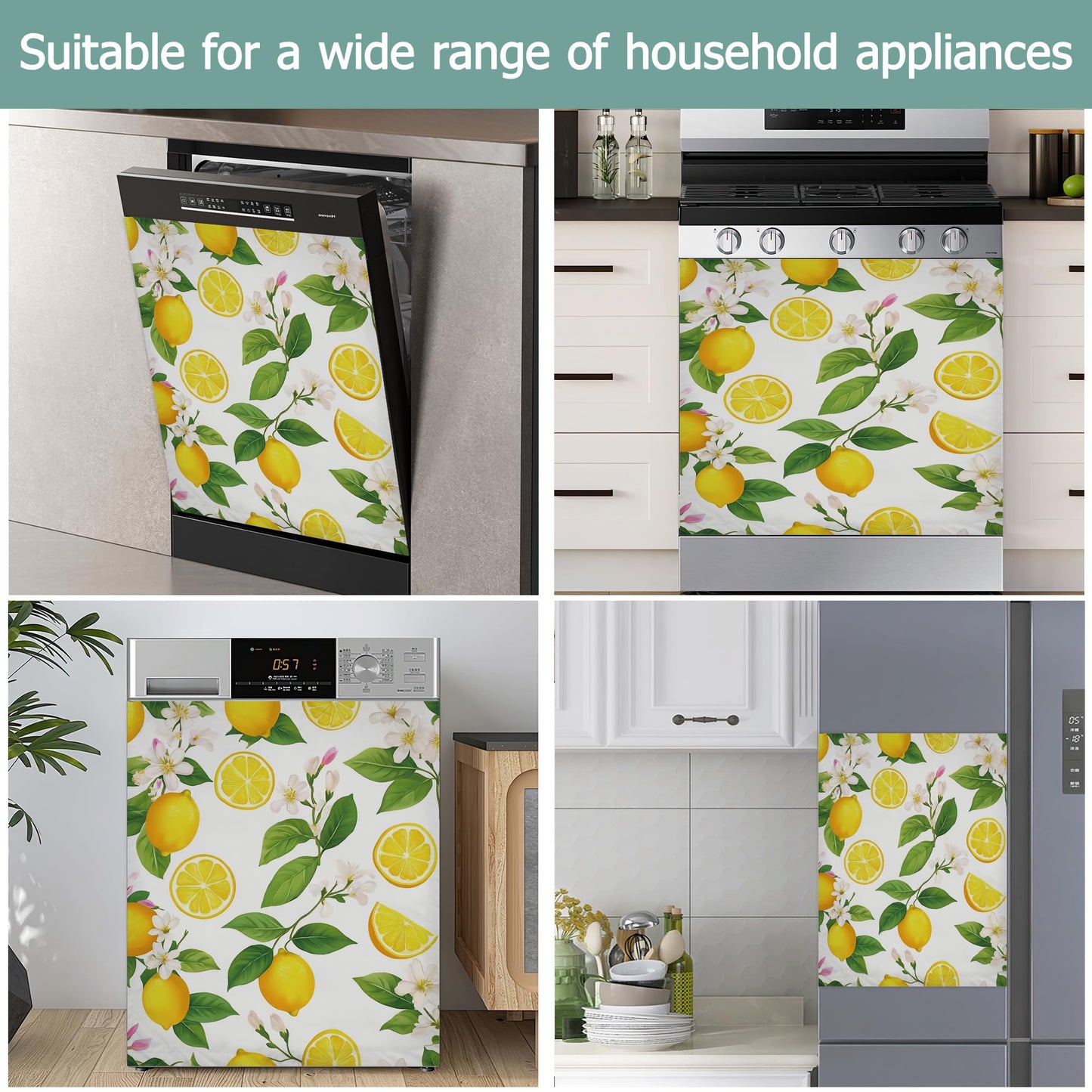 Dishwasher Cover,Lemon Fruit Reusable Dishwasher Magnet Cover,Decorative White Flowers Magnetic Refrigerator Cover Front Panel Cover for Kitchen Decor 23x26 Inch
