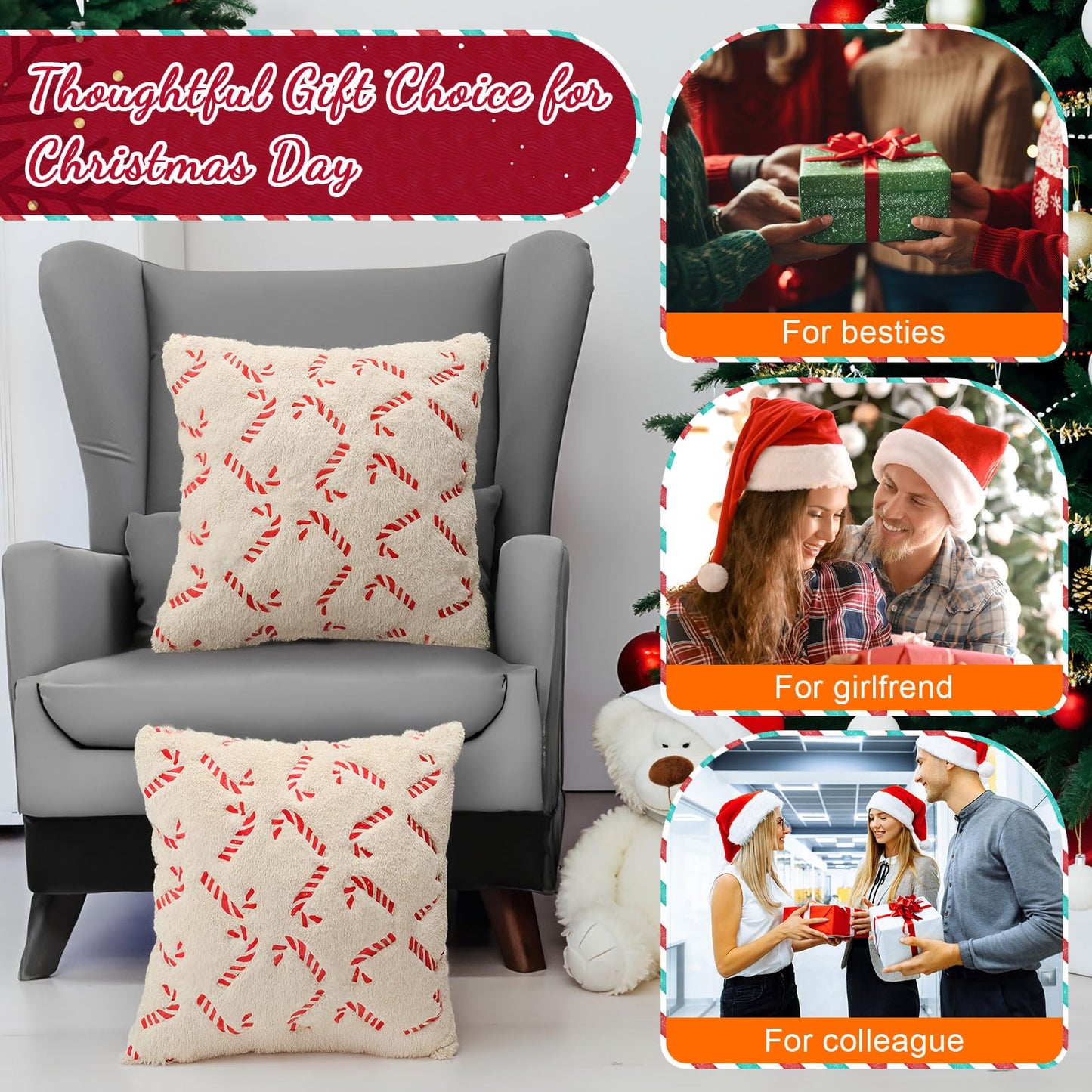 Tranqun 4 Pcs Christmas Candy Cane Throw Pillow Covers 20x20 Inch Xmas Red Candy Embroidery Pillowcases Fluffy Christmas Cane Decorative Cover for Winter Holiday Farmhouse Living Room Sofa Car Decor