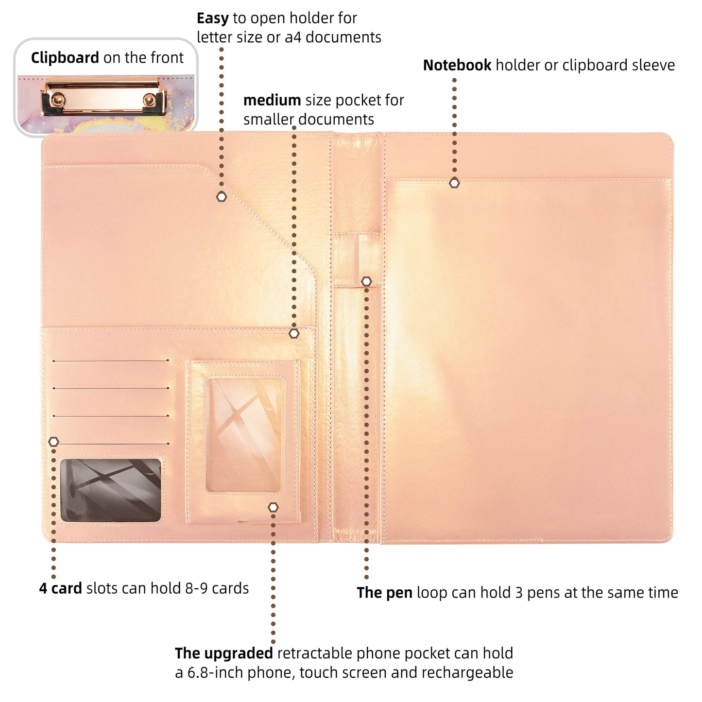 Leather Portfolio Binder Folder Storage Clipboard Pink Padfolio for School Side Straps Document Organizer